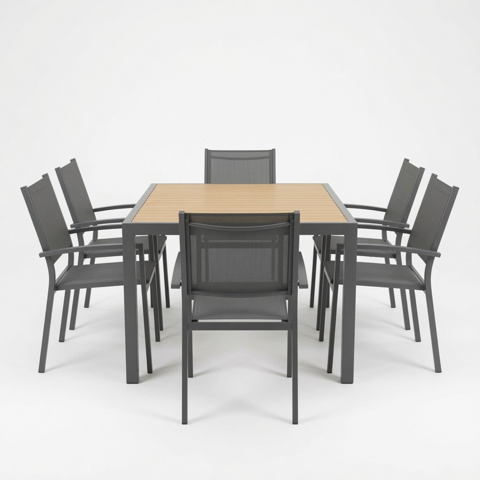7-Piece Gray Patio Dining Set, 6-Seat All-Weather HDPS Aluminum Table