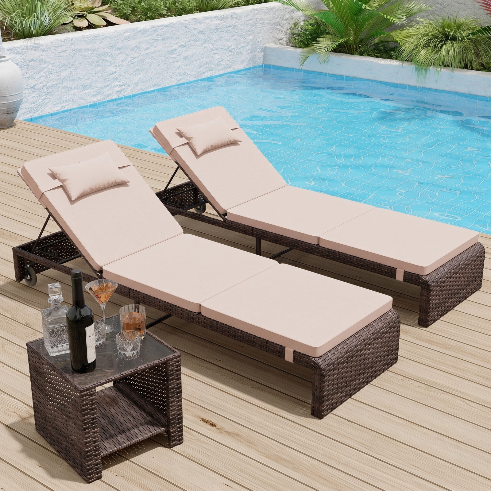Danrelax Chaise Lounge Set (Set of 3), Modern Outdoor Patio Furniture, Beige