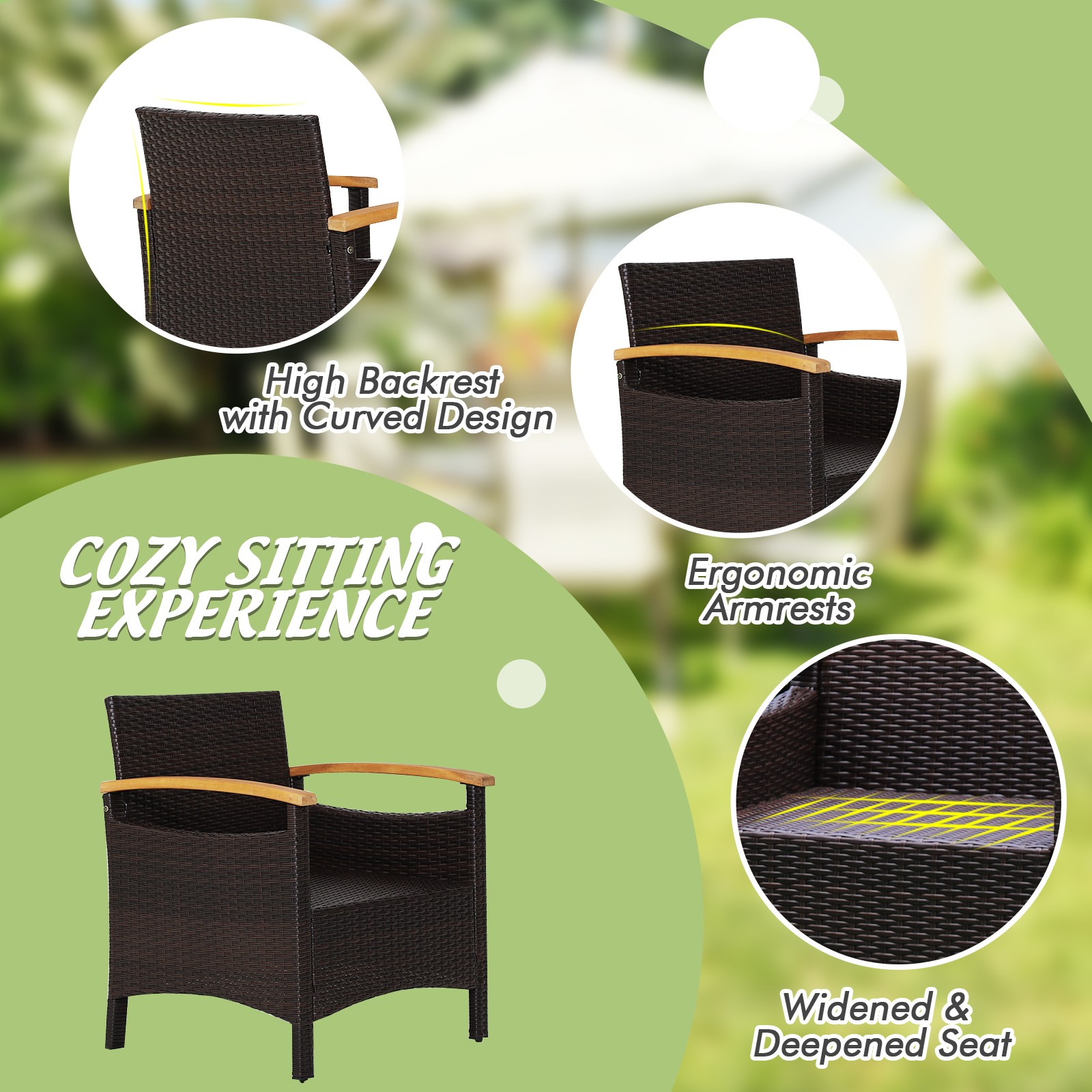 3 PCS Patio Furniture Set Outdoor Rattan Bistro Set with Coffee Table & Cushions