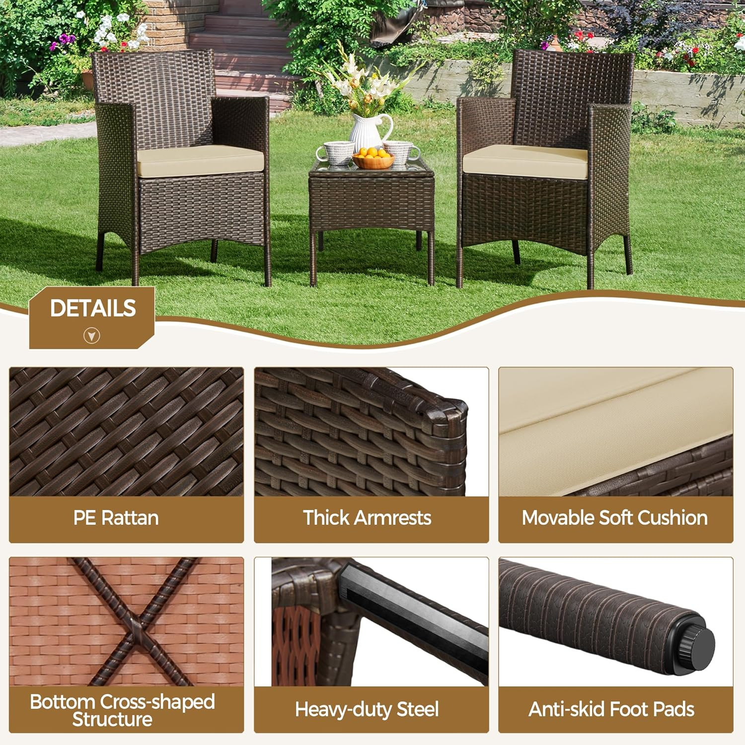 3-Piece Outdoor Rattan Furniture Set with Cushions & Glass Table, Brown/Khaki