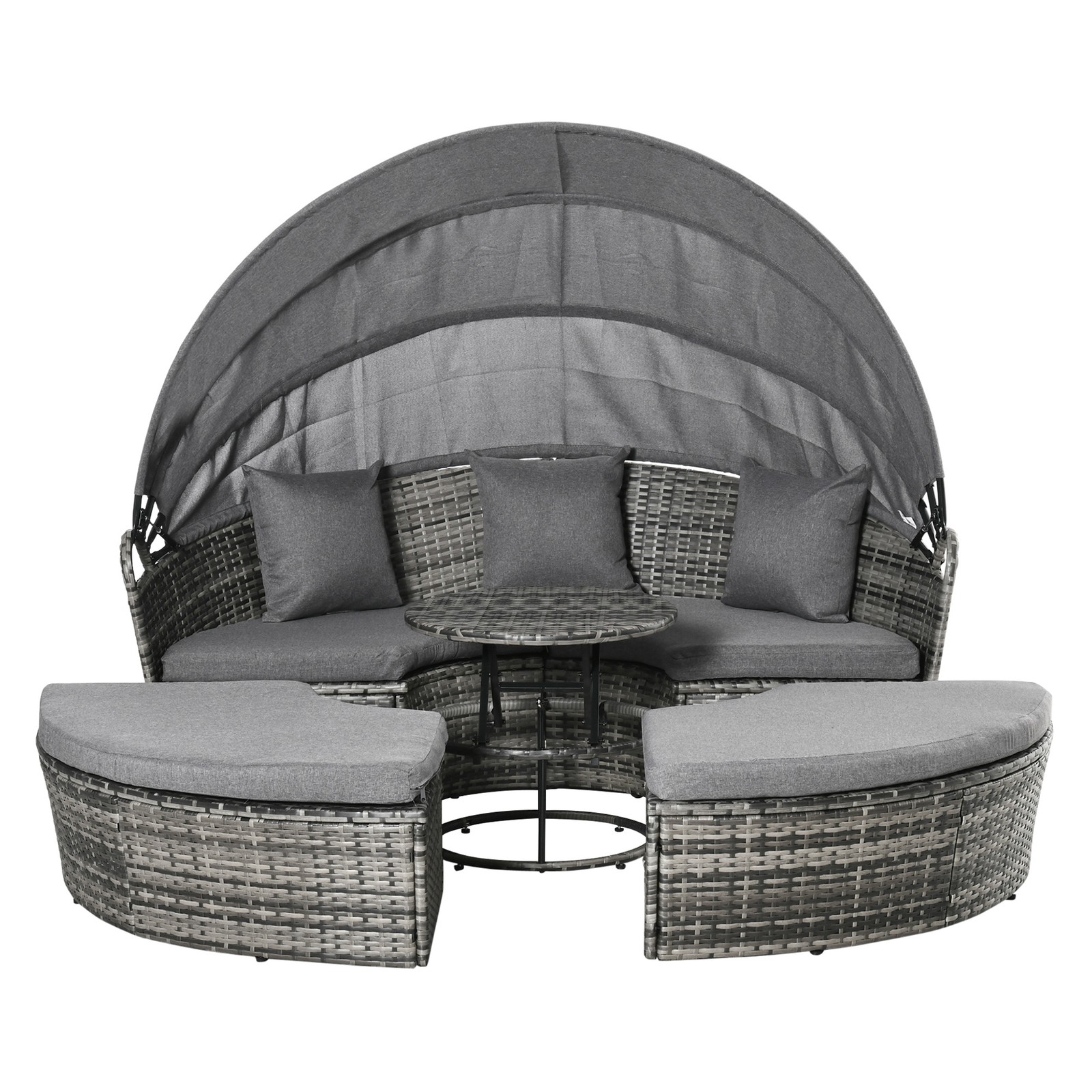 Outdoor Convertible Daybed, 4pc Furniture Set, Sofa, Tea Table, Chairs, Grey