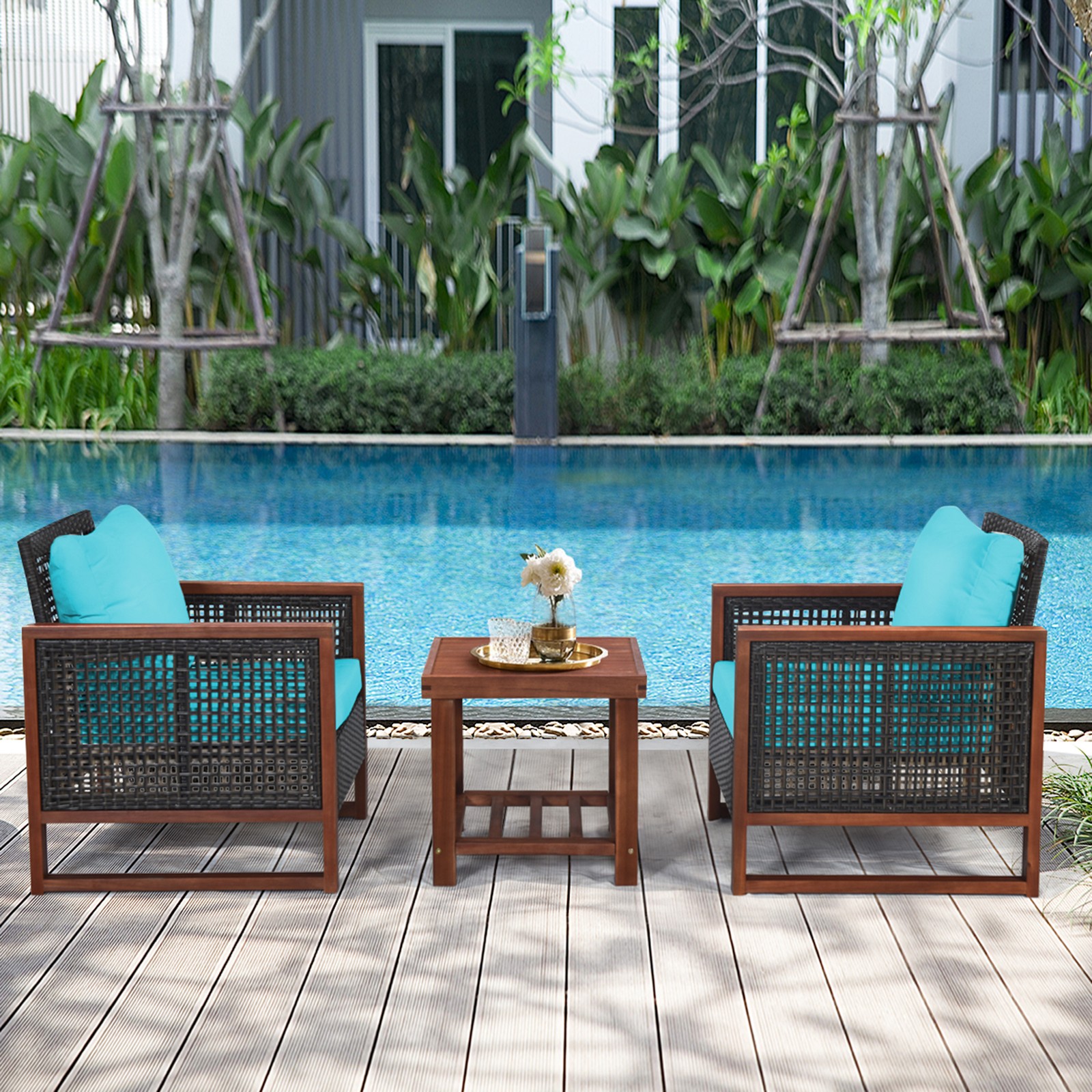 3PCS Rattan Wicker Patio Conversation Set Outdoor Furniture Set w/ Turquoise