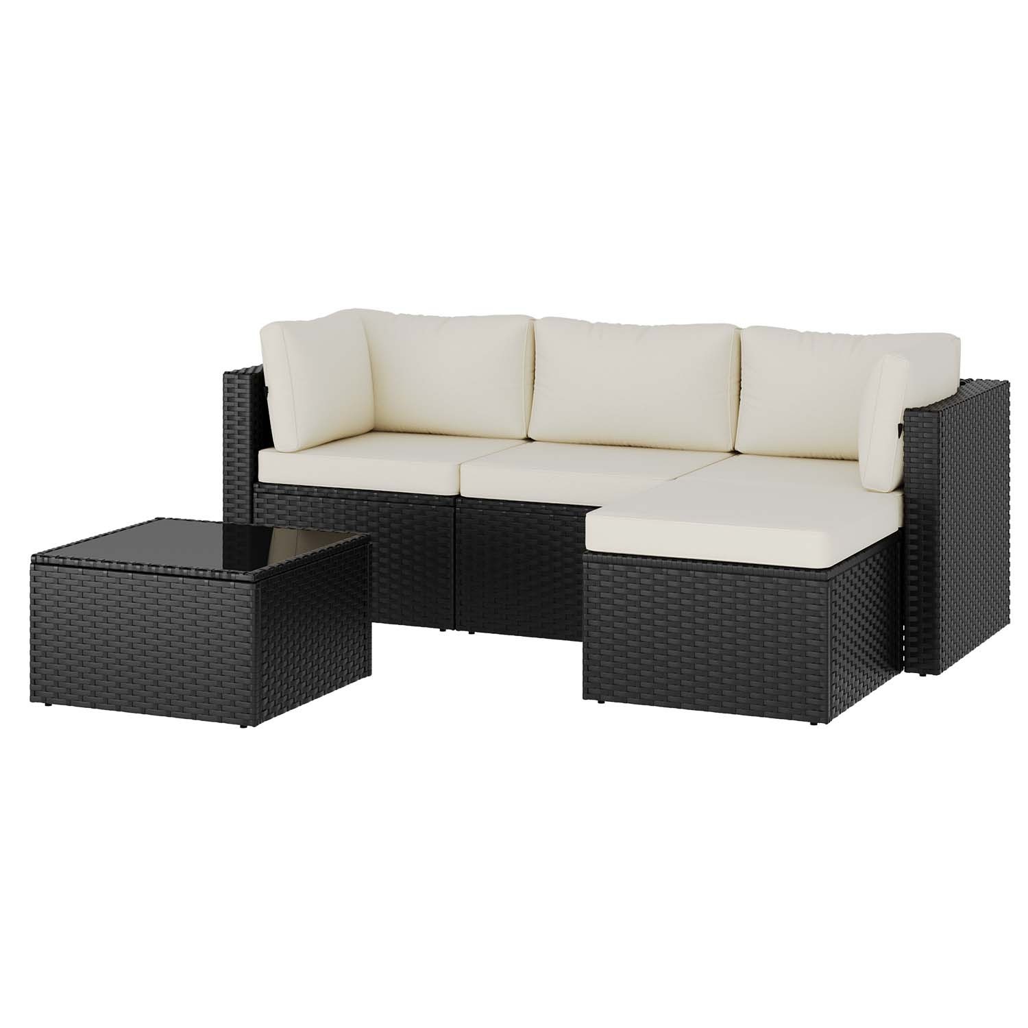 3-Piece Black Rattan Conversation Set Sofa Ottoman Table Cream White