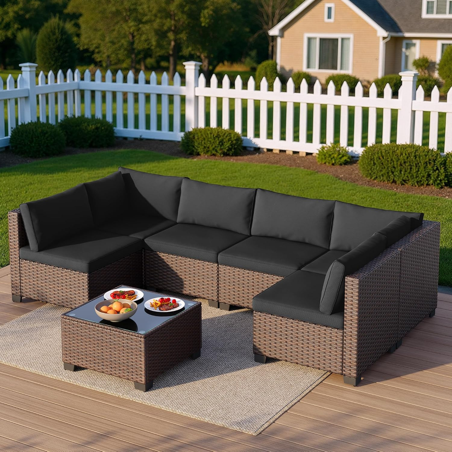 7 Pieces Outdoor Patio Furniture Set, All-Weather PE Rattan Outdoor Patio Sectio