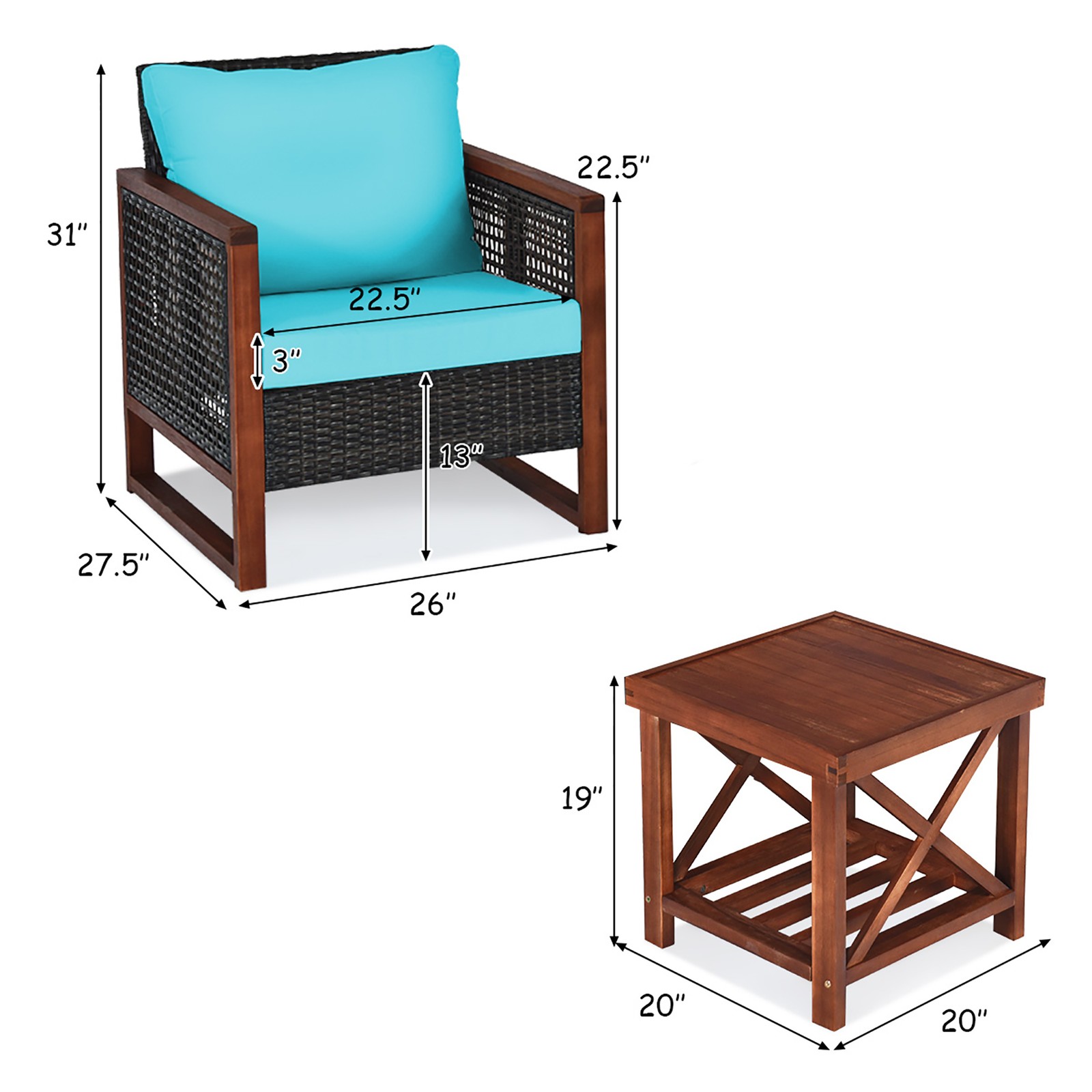 3PCS Rattan Wicker Patio Conversation Set Outdoor Furniture Set w/ Turquoise