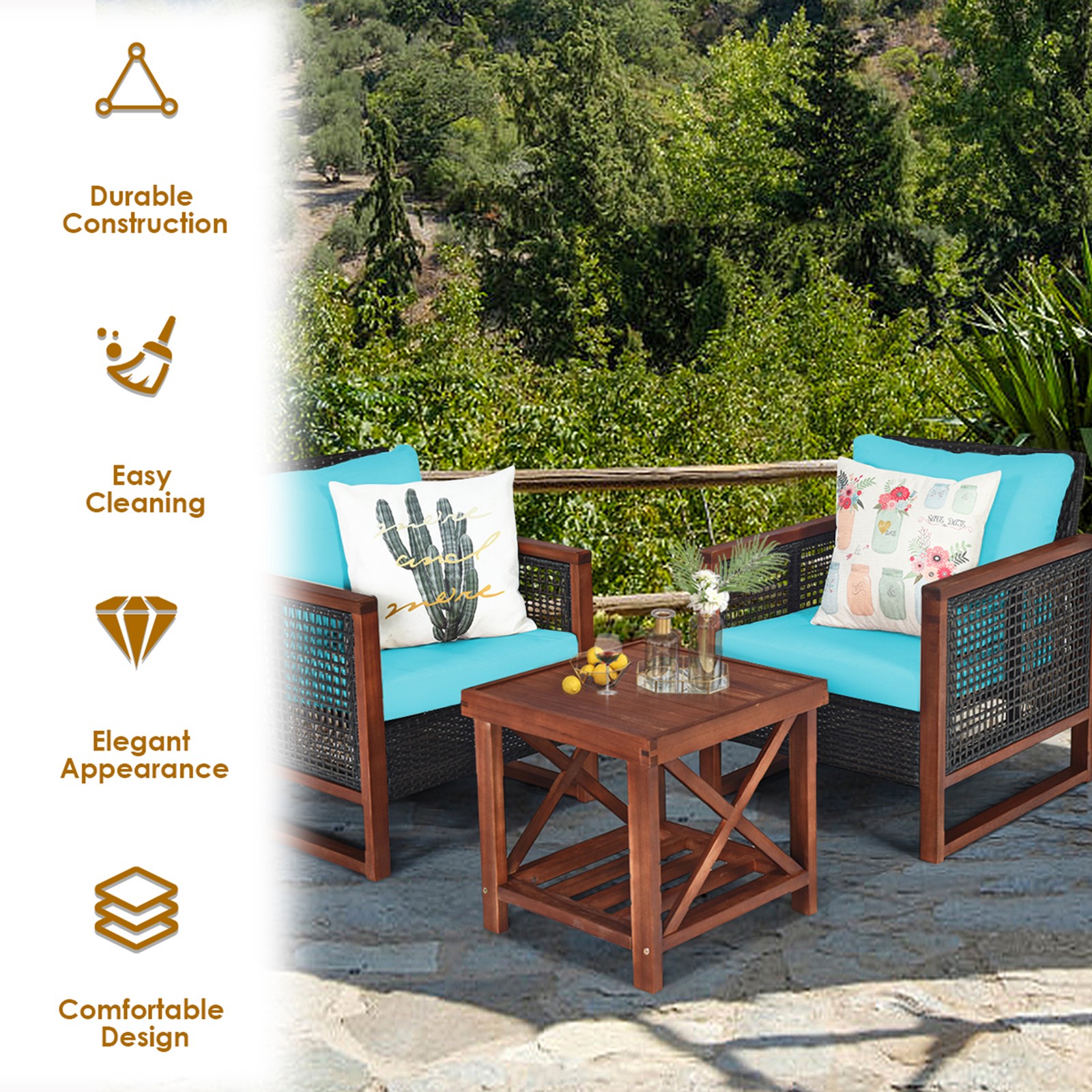 3PCS Rattan Wicker Patio Conversation Set Outdoor Furniture Set w/ Turquoise
