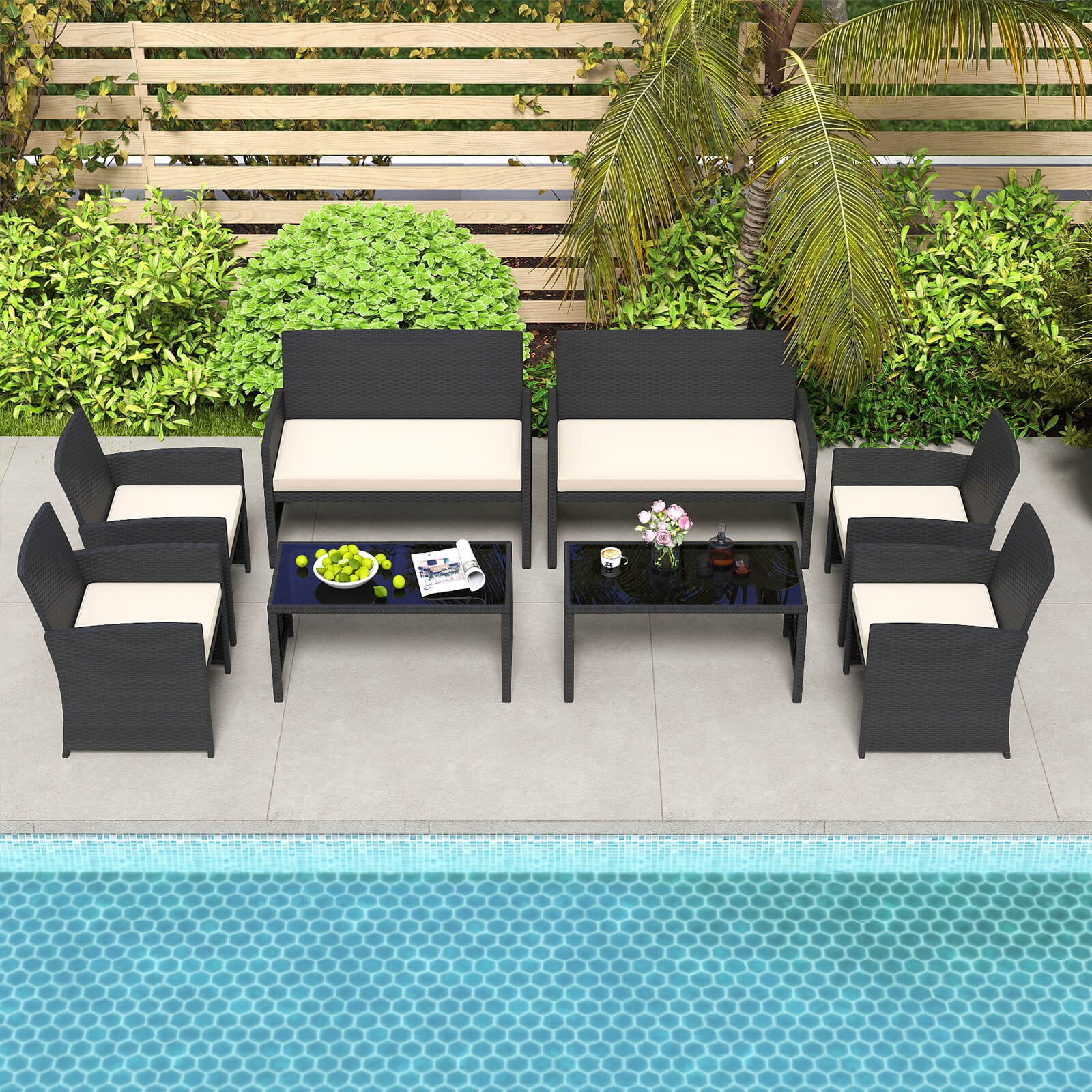 8 PCS Patio Conversation Set w/Seat Cushions & Tempered Glass Tabletop, Porch