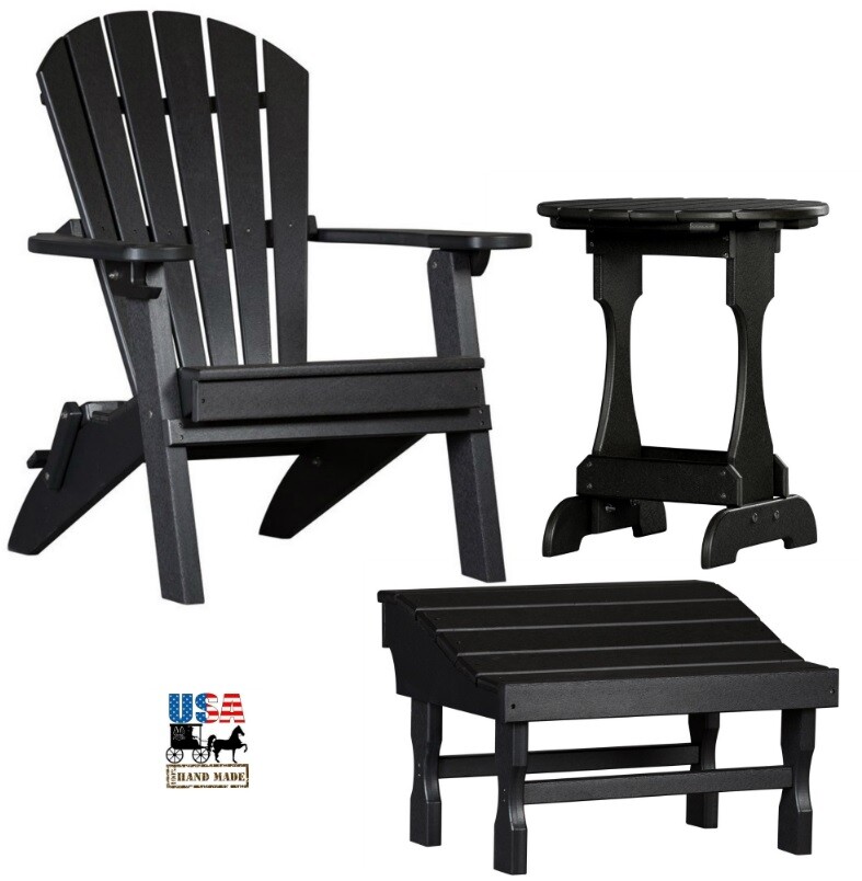 3pc 4 SEASON PATIO SET – Folding BLACK Adirondack Chair Ottoman & Candy Table