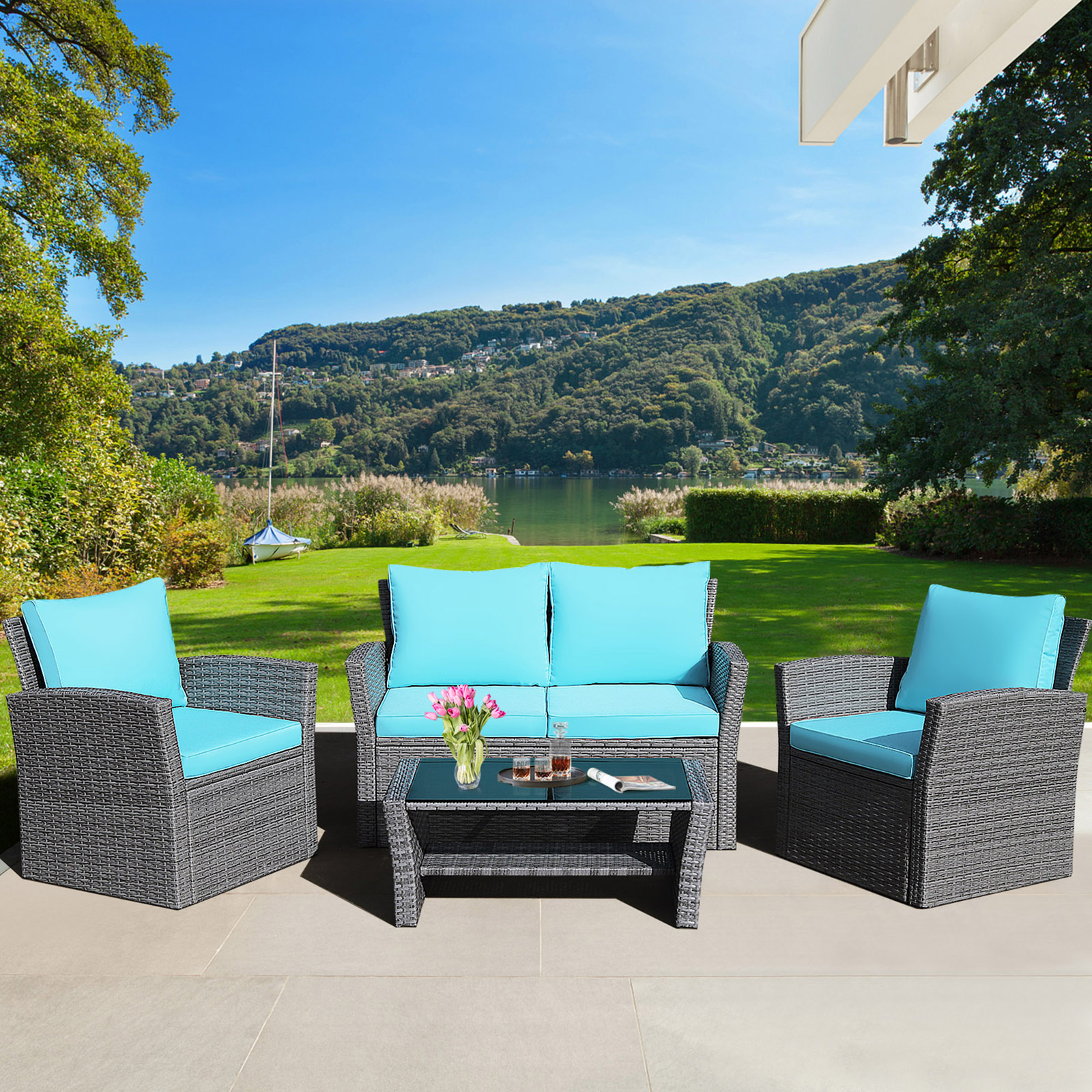 4PCS Patio Rattan Conversation Set Outdoor Furniture Set w/ Turquoise Cushions