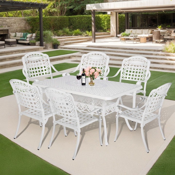 7 Piece Outdoor Dining Table and Chairs Set with 6 Stackable Chairs, Large Table