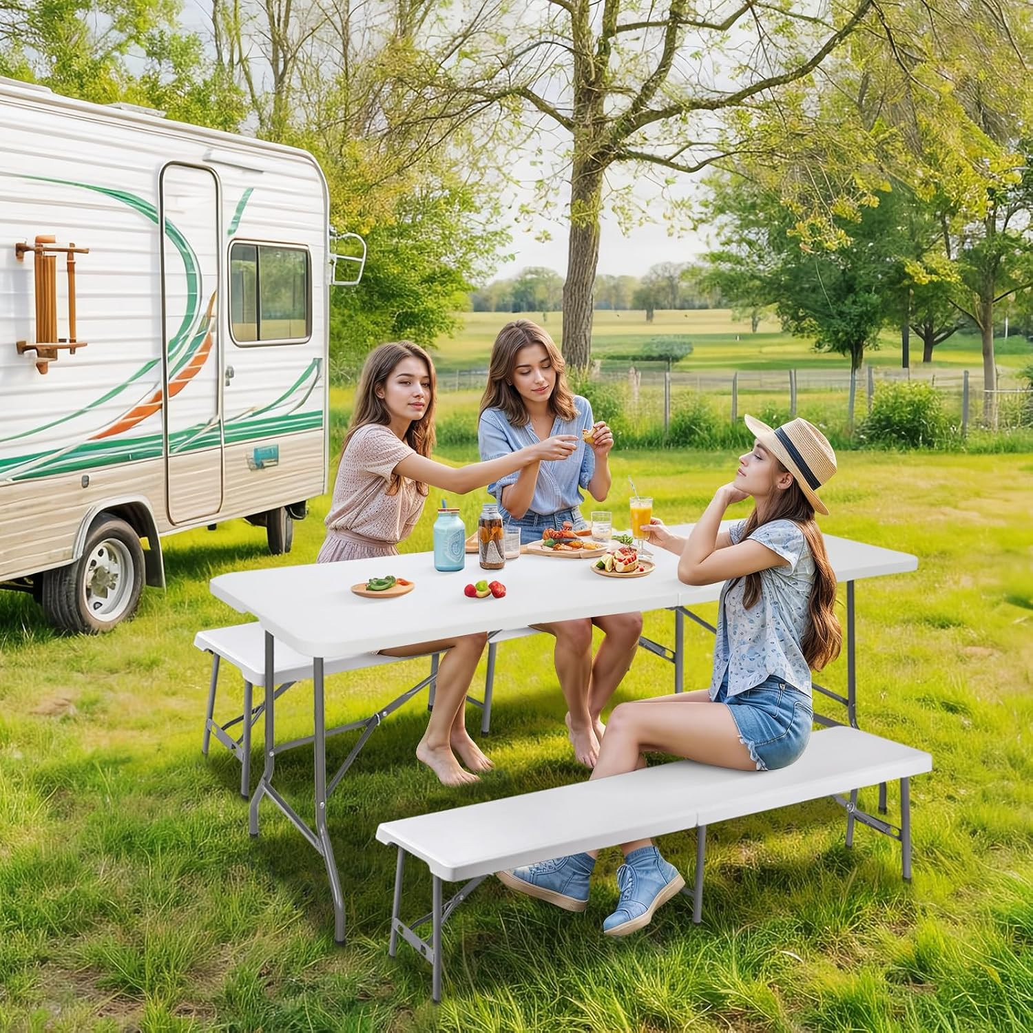 ZENY 6 Feet Picnic Table Set with 2 Benches, 3-Piece Camping Table Chair Set for