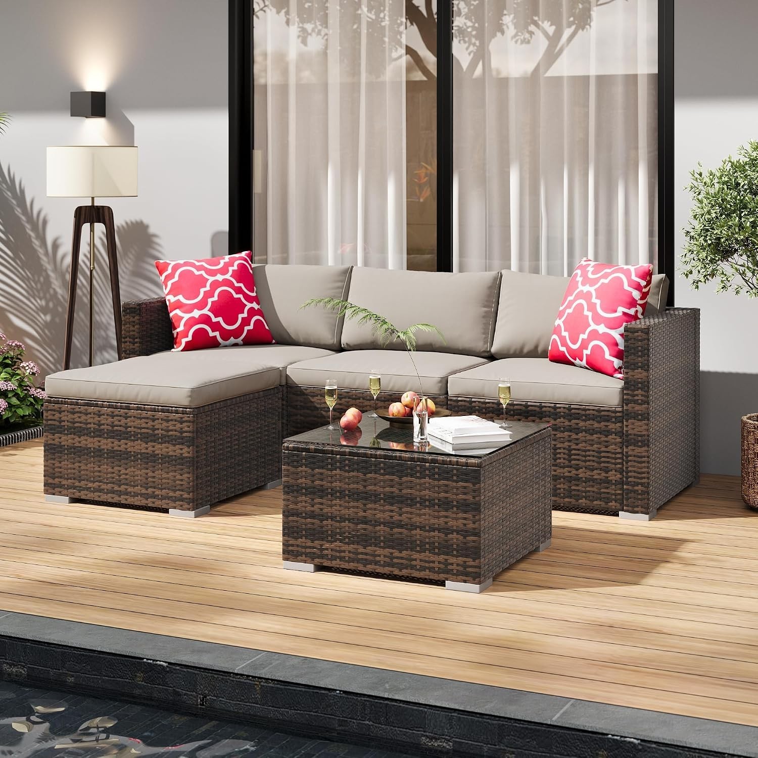 5pcs Outdoor Patio Sectional Sofa Set PE Rattan l-Shaped Conversation Furniture