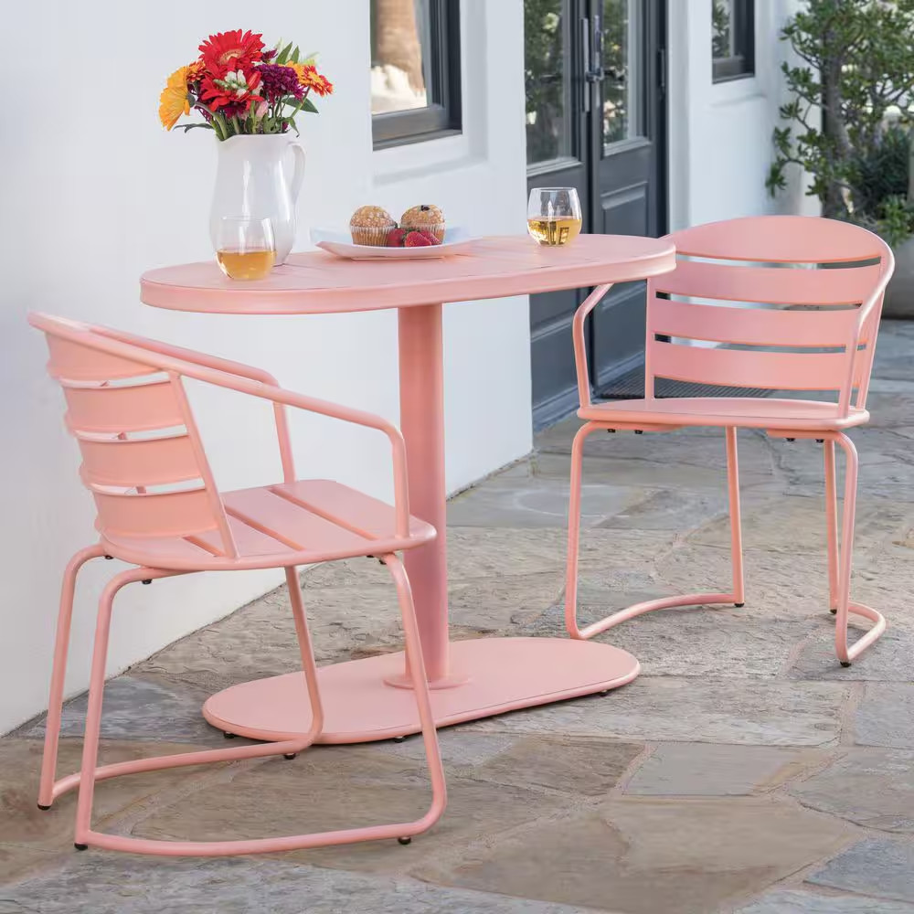 3-Piece Pink Iron Outdoor Bistro Set, Include 2 Patio Chair and 1 Table for Outd