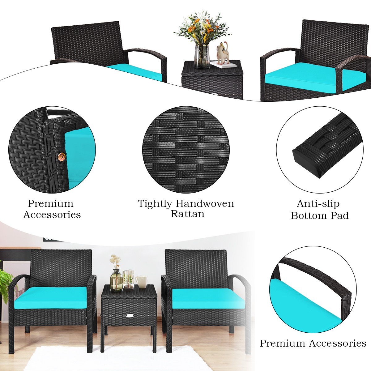 Patiojoy 3PCS Patio Rattan Furniture Set Table Cushioned Sofa Turquoise