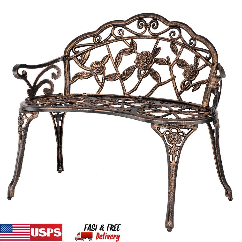 38.5″ Cast Aluminum Rose Antique Garden Bench Chair Porch Park Patio Backyard
