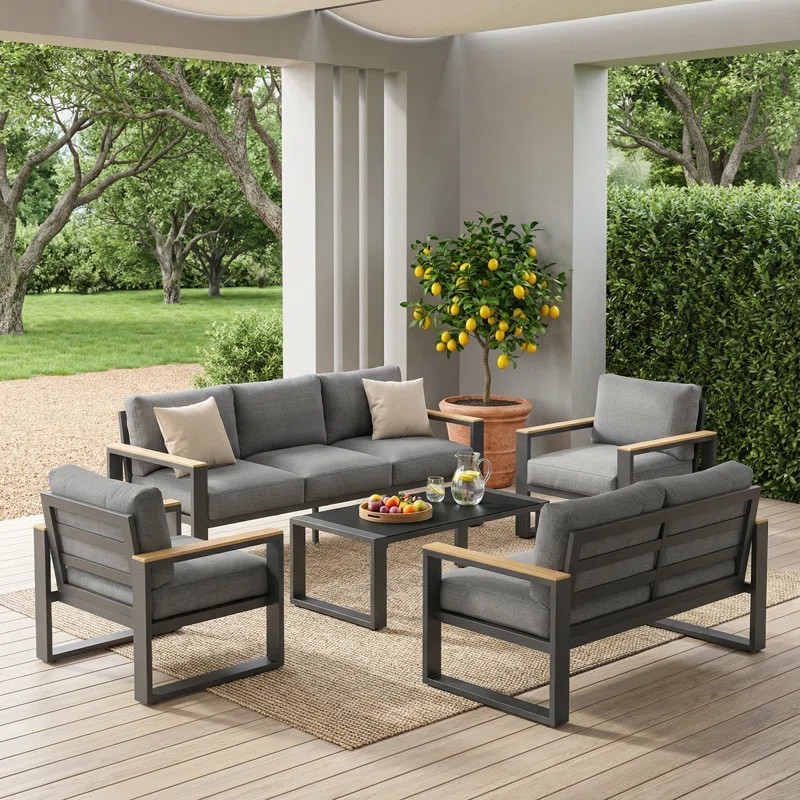 7 Person Aluminum Patio Sofa Seating Set Wood Armrests Gray Cushions All Weather