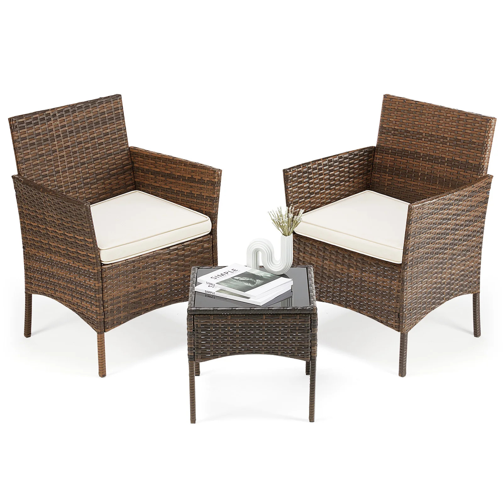 JHK 3 Pieces Outdoor Patio Furniture Set Manual Weaving Wicker Rattan Patio Chai