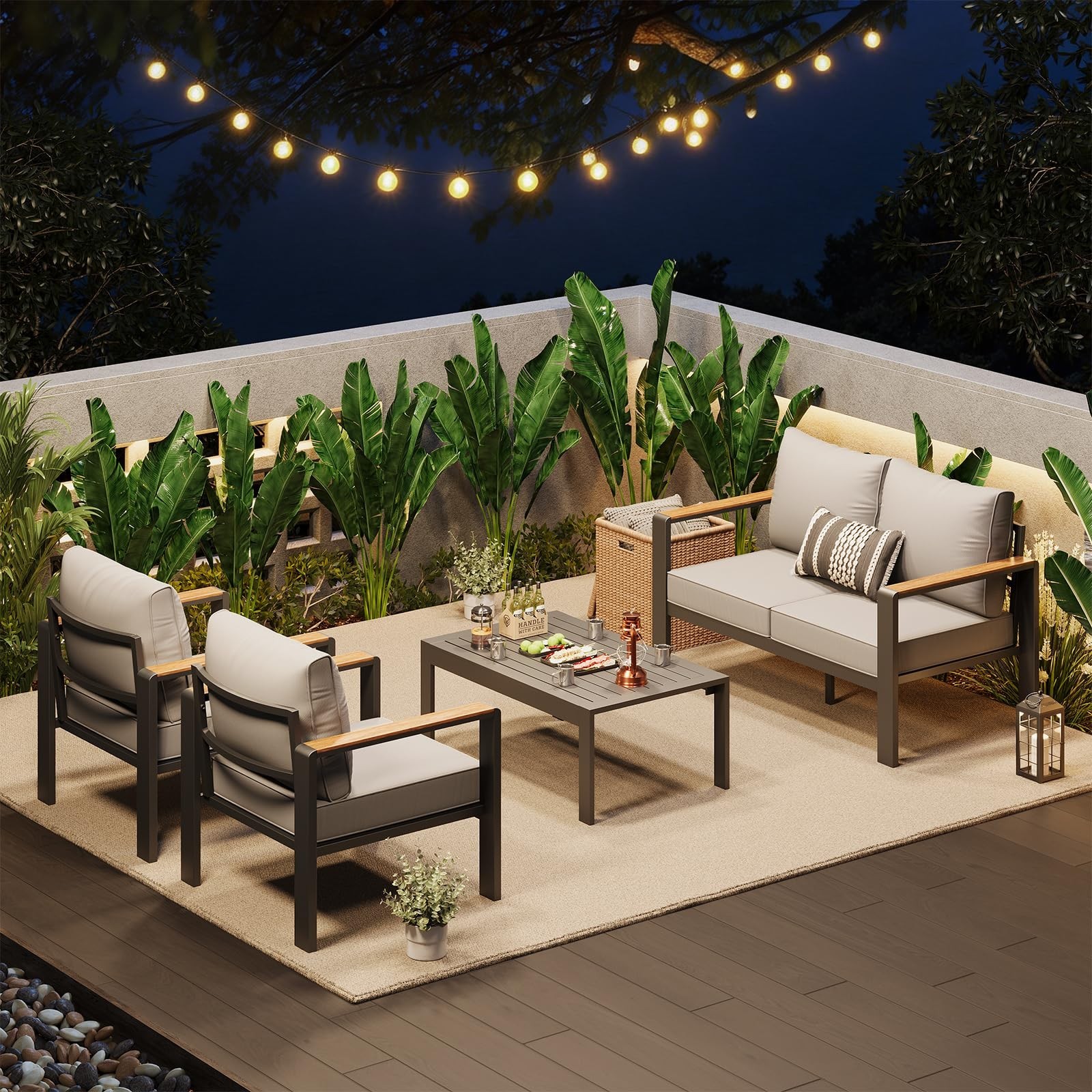 4 Pieces Patio Furniture Set Outdoor Sectional Sofa Set with Table for 4 Seats