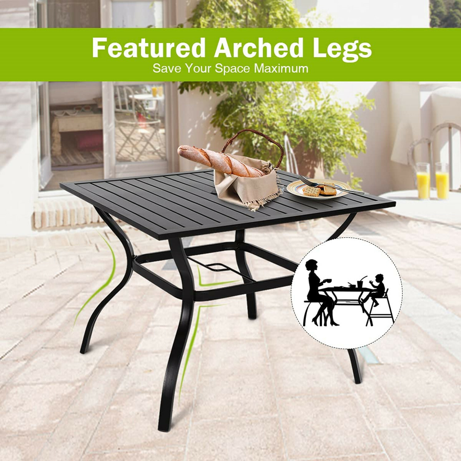 5 Piece Patio Furniture Set Outdoor Chairs Stackable Armchair Square Table Black