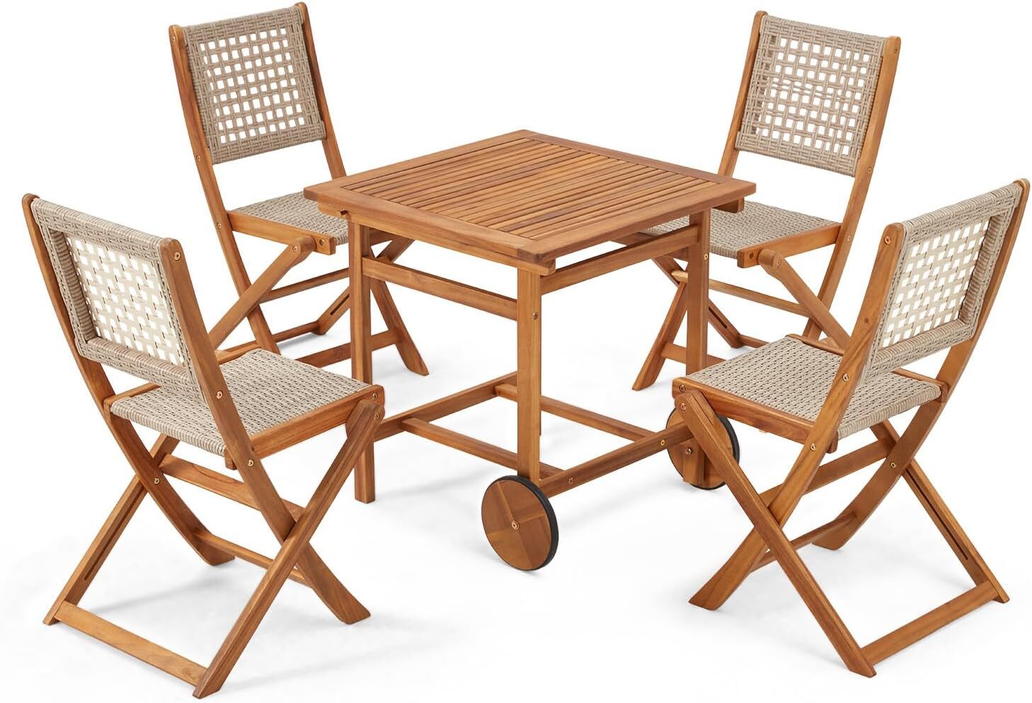 Outdoor Patio Dining Set, Acacia Wood Outdoor Table and Chairs with Wheels