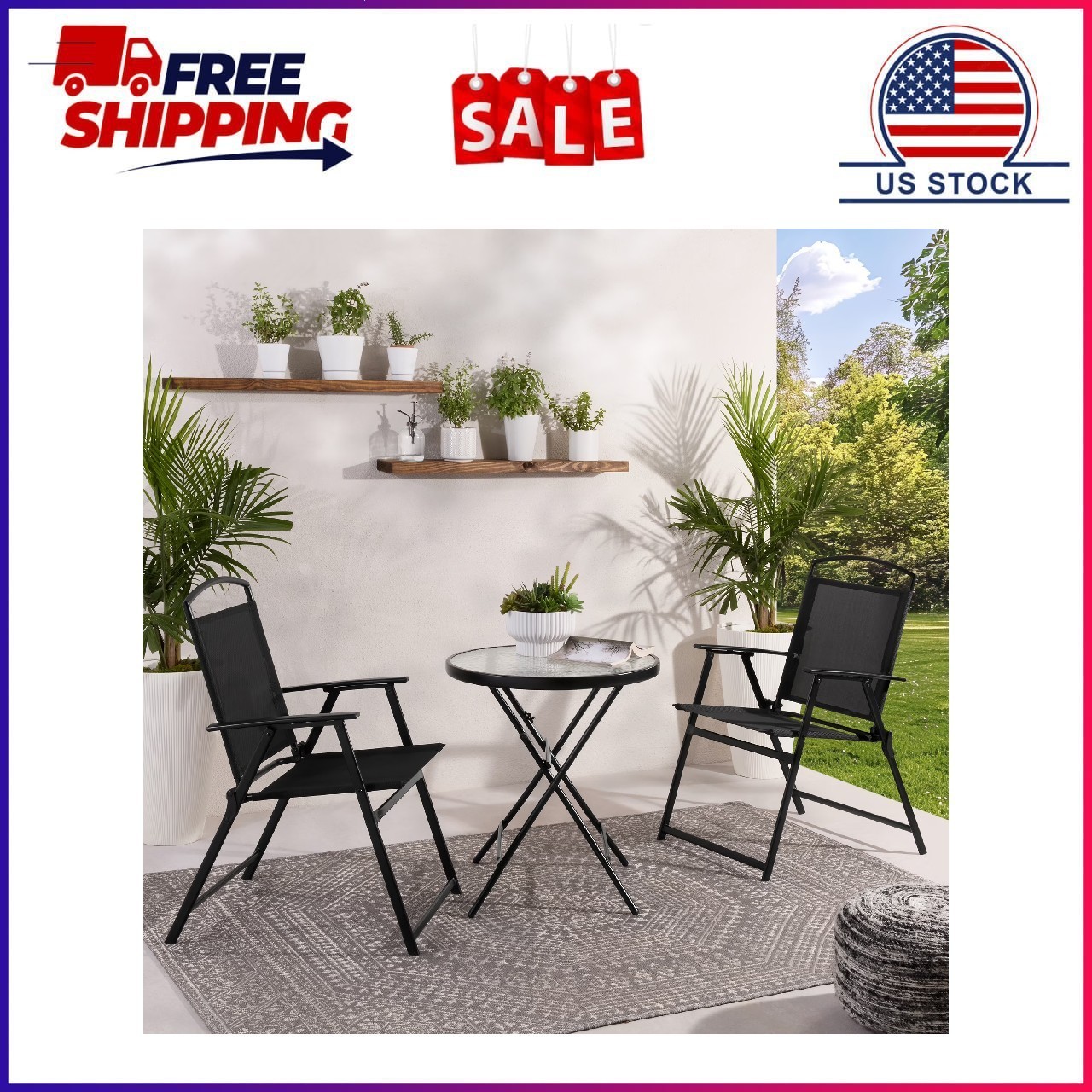 Mainstays Albany Lane 3-Piece Outdoor Bistro Set, Folding Chairs & Glass Table,