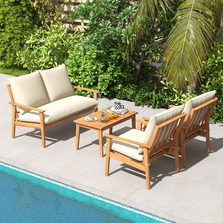 4 Pieces Patio Conversation Set Sofa Couch Outdoor Table Chairs W/ Soft Cushions