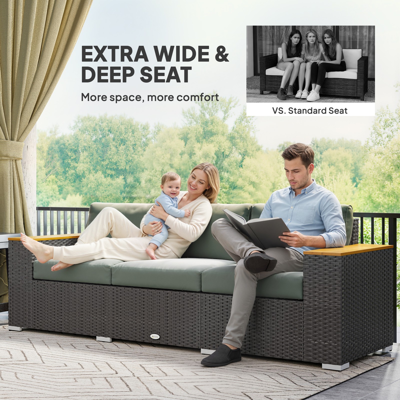 Outsunny 3-Seater Outdoor Sofa w/ 4″ Thick Cushions, Outdoor Couch, Dark Gray