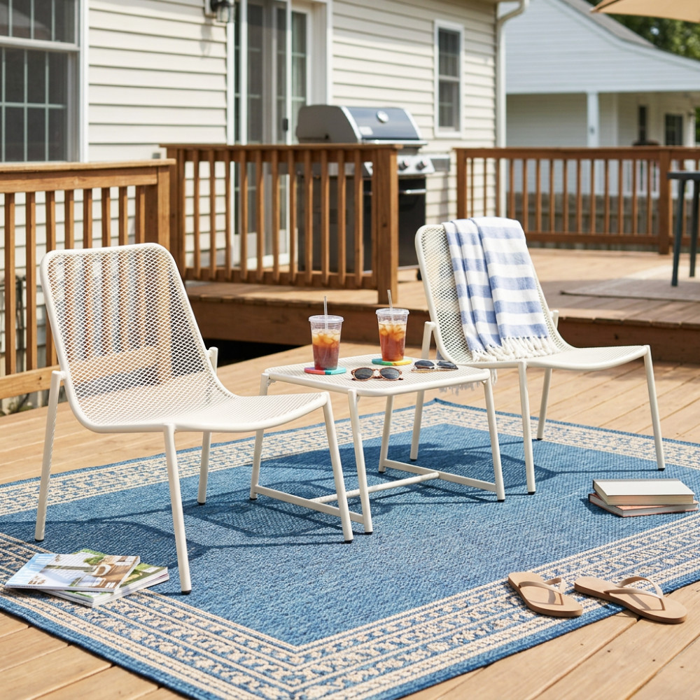Outdoor 3-Piece Conversation Set Iron Frame Mesh Chairs Side Table Matte White