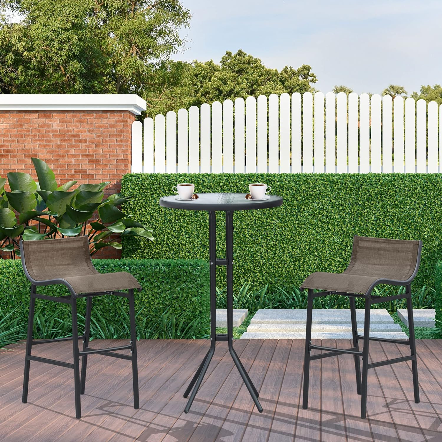 3 Piece Bar Height Outdoor Bistro Set for 2, round Patio Pub Table 2 Bar Chairs