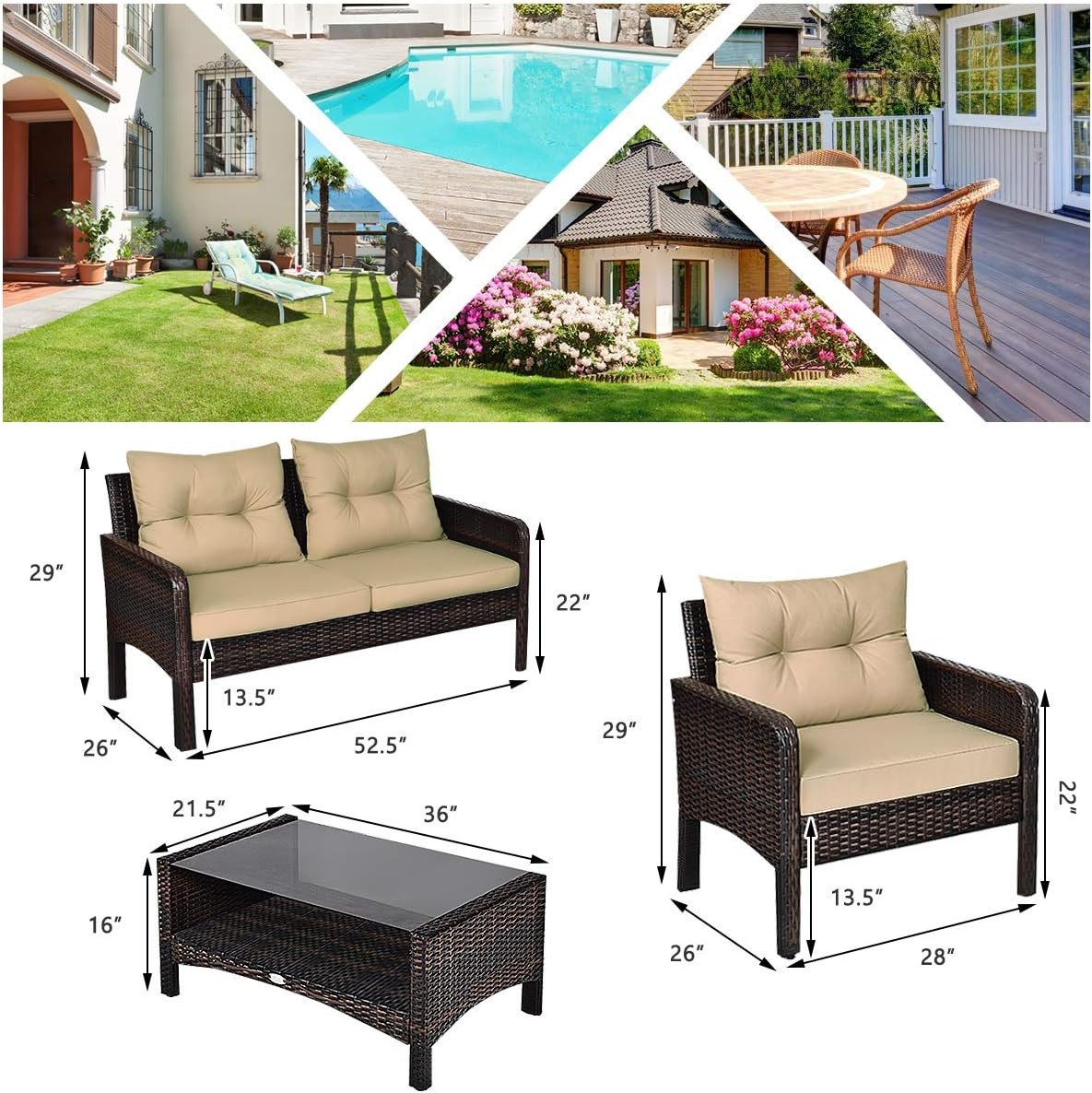 HAPPYGRILL 4-Piece Patio Furniture Outdoor Rattan Wicker Sofa Set with Cushions
