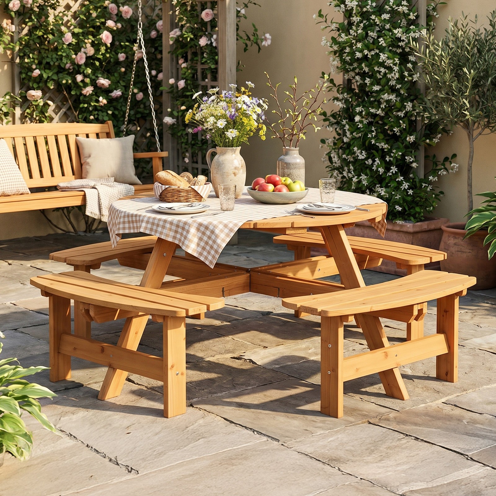 Patio 8-Person Wooden Table Set with 4 Benches, Umbrella Hole for Indoor Outdoor