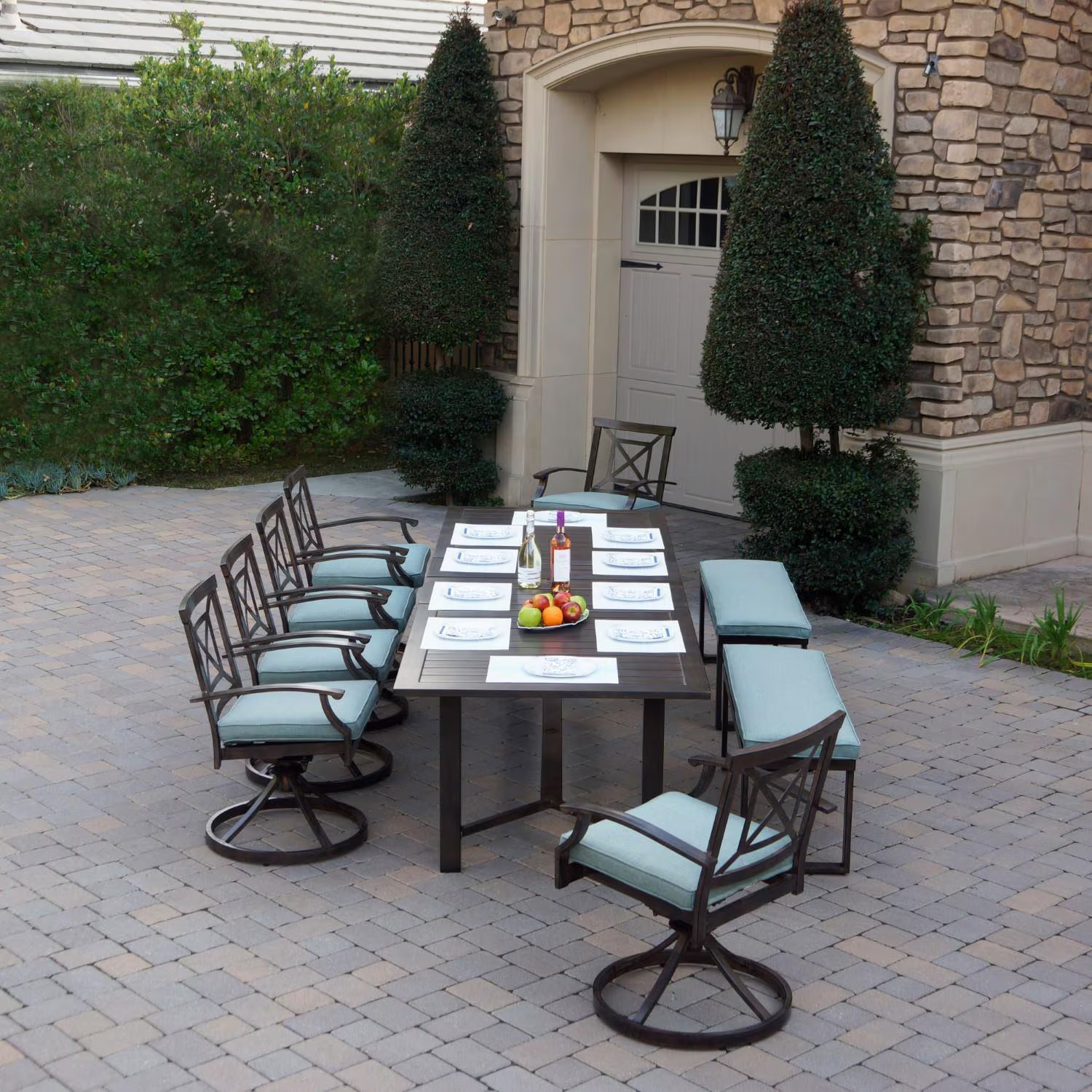 Atlantis 9 Pc Aluminum Dining Set 6 Swivel Rocker Dining Arm Chairs, 2 Two