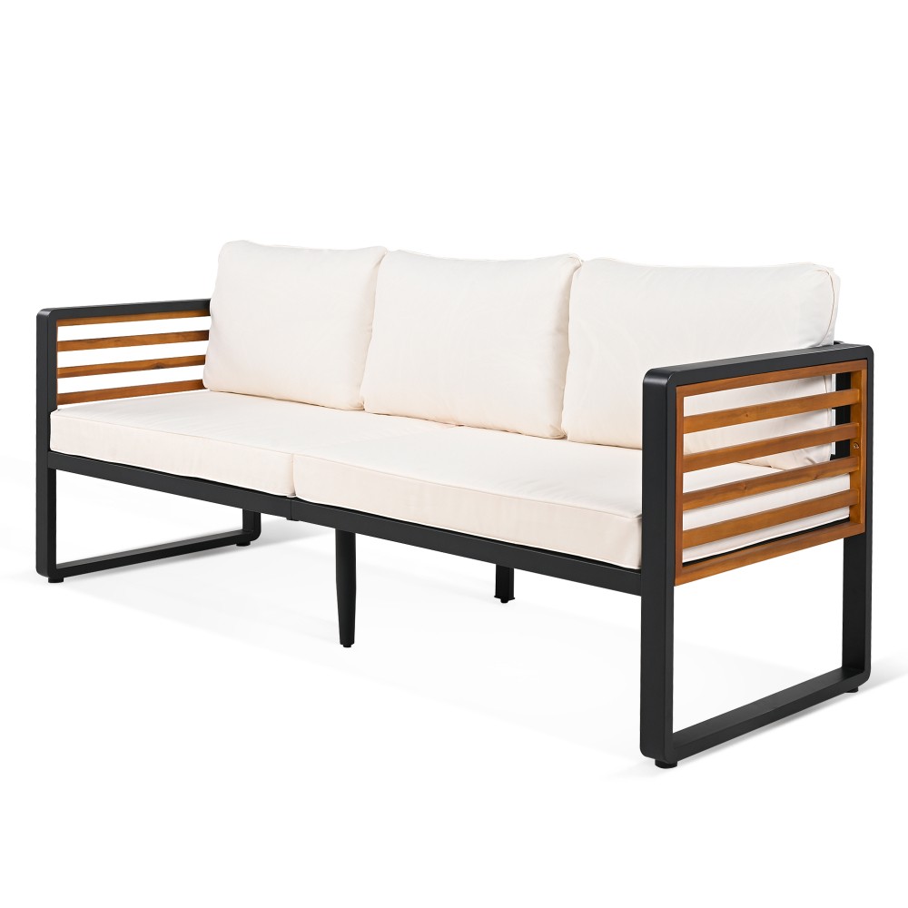 5-Person Outdoor Patio Conversation Set with Beige Cushions & Acacia Table