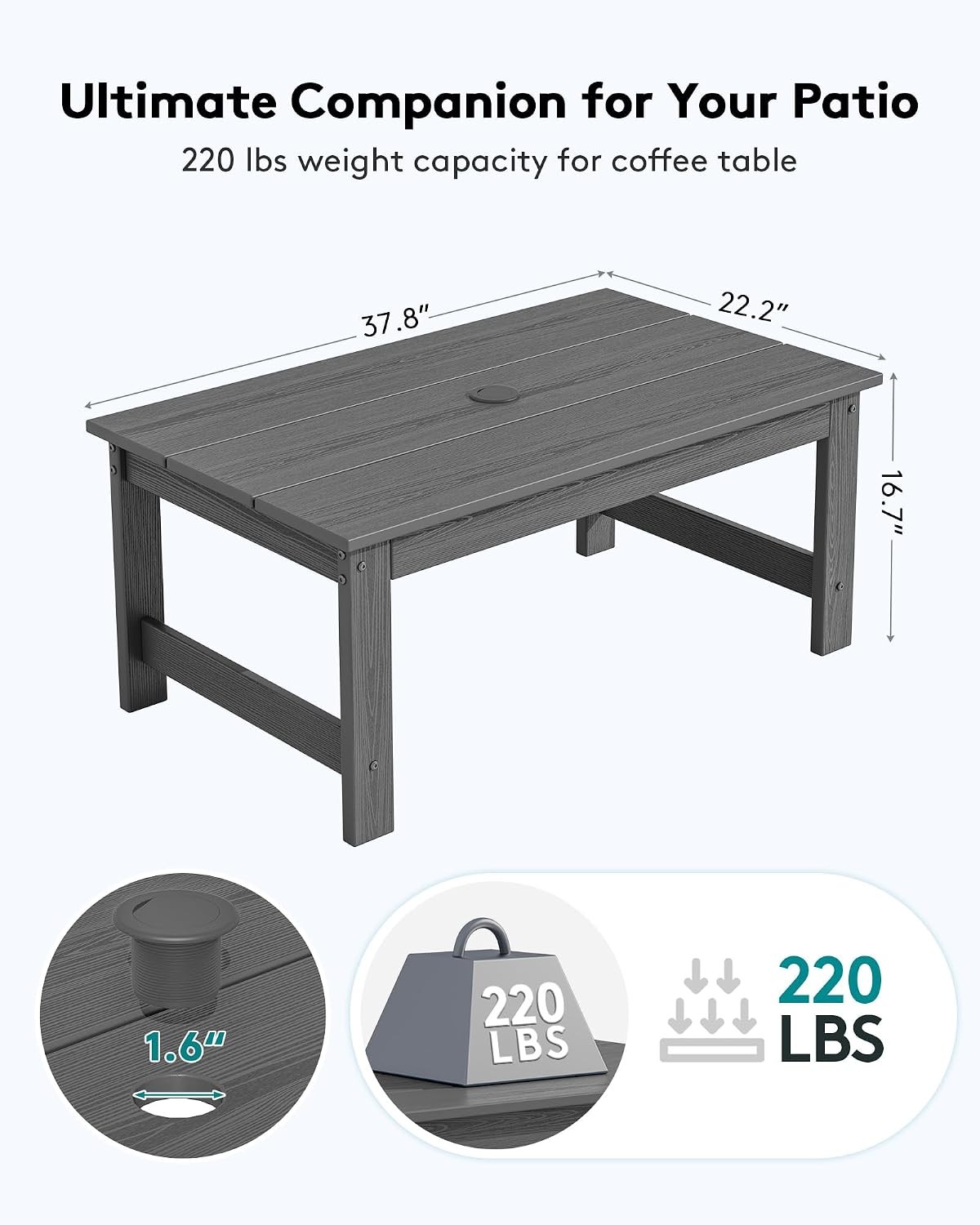 HDPE Patio Coffee Table, Rectangle Outdoor Coffee Table, All-Weather Coffee Side