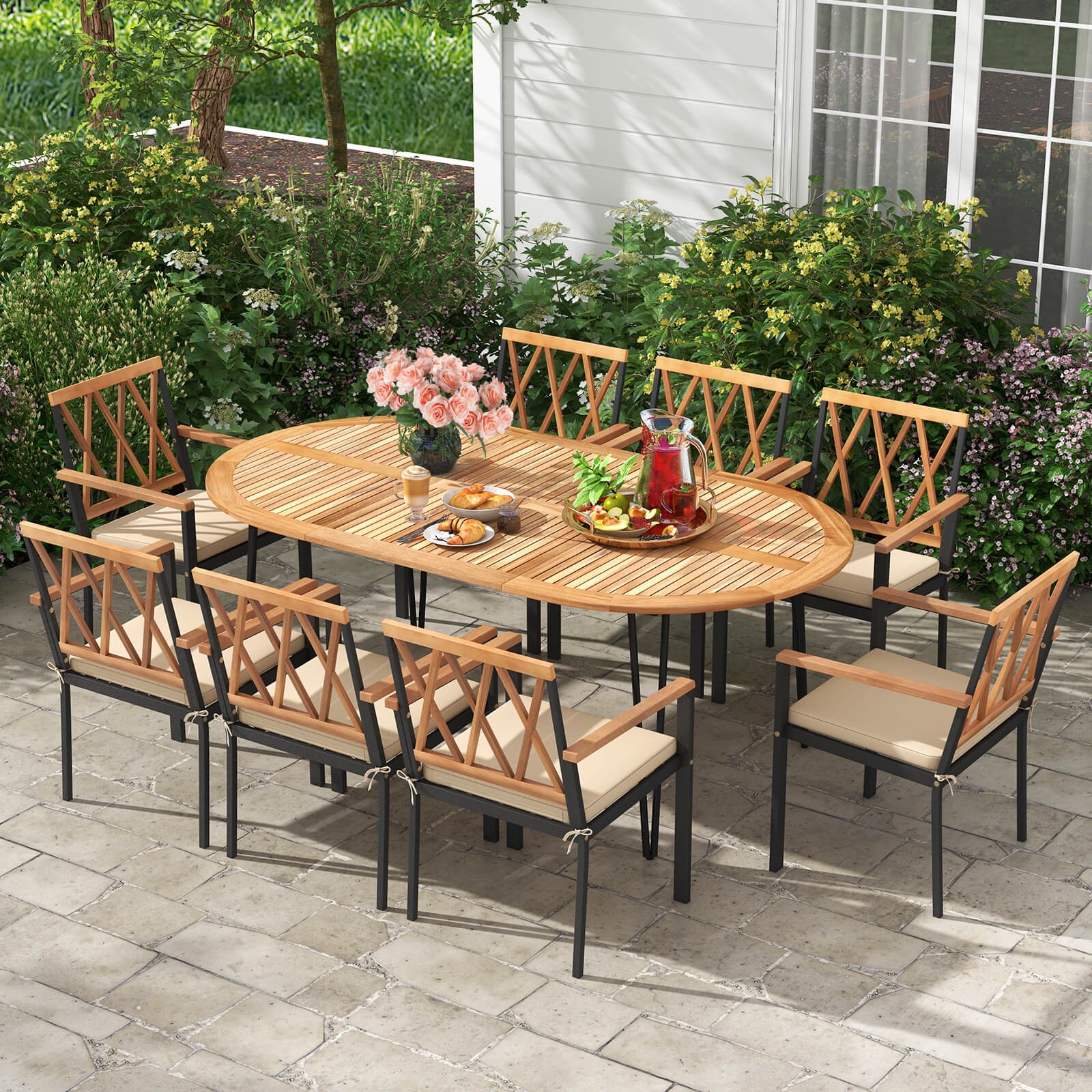 9 PCS Patio Dining Set Table w/ Acacia Wood Top & Umbrella Hole Metal Frame