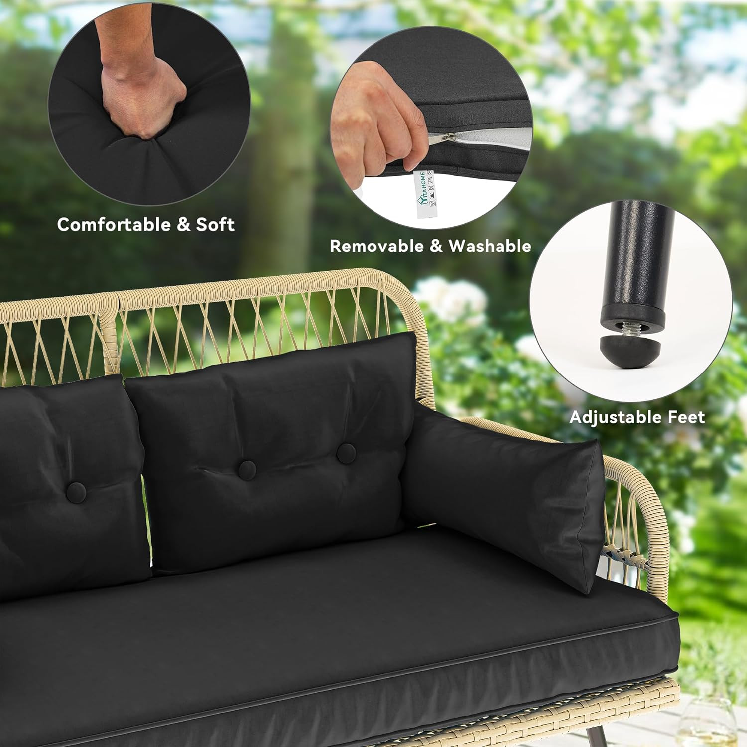 Light Brown & Black Wicker Loveseat Set with Cushions & Side Table for Outdoors