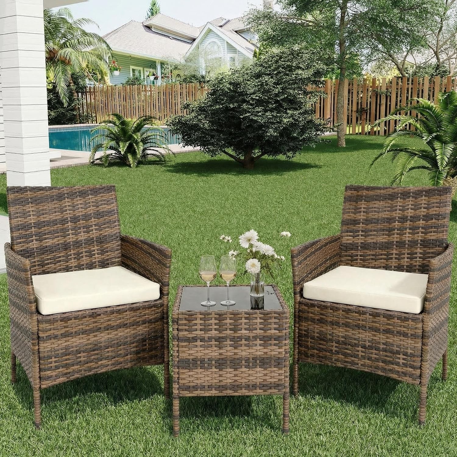 3 Piece Patio Furniture Set Rattan Outdoor Furniture with 2 Chairs &Coffee Table