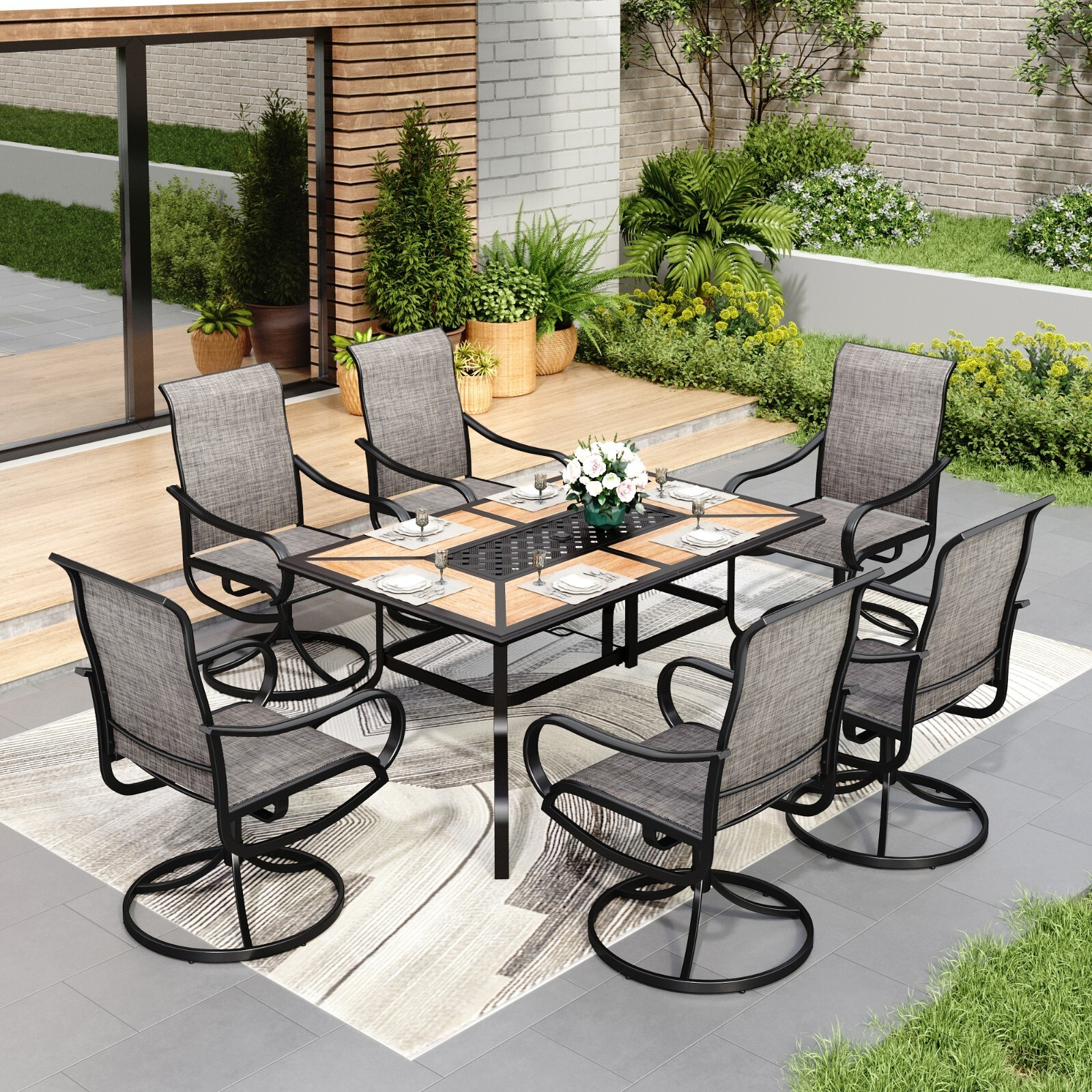 7pcs Patio Dining Set Metal Rectangle Table&Swivel Chairs Outdoor Furniture Set