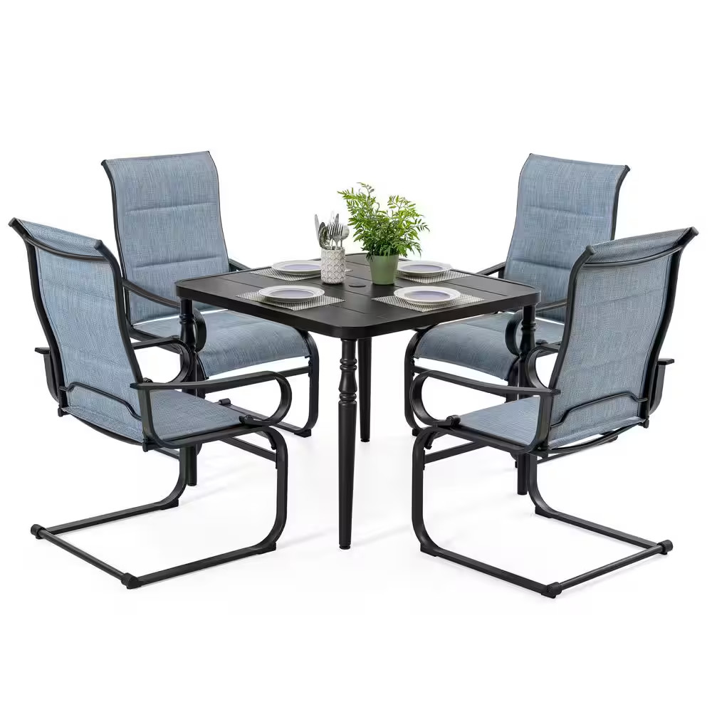 Black 5-Piece Padded Textilene and Metal Square Outdoor Dining Set with Umbrella