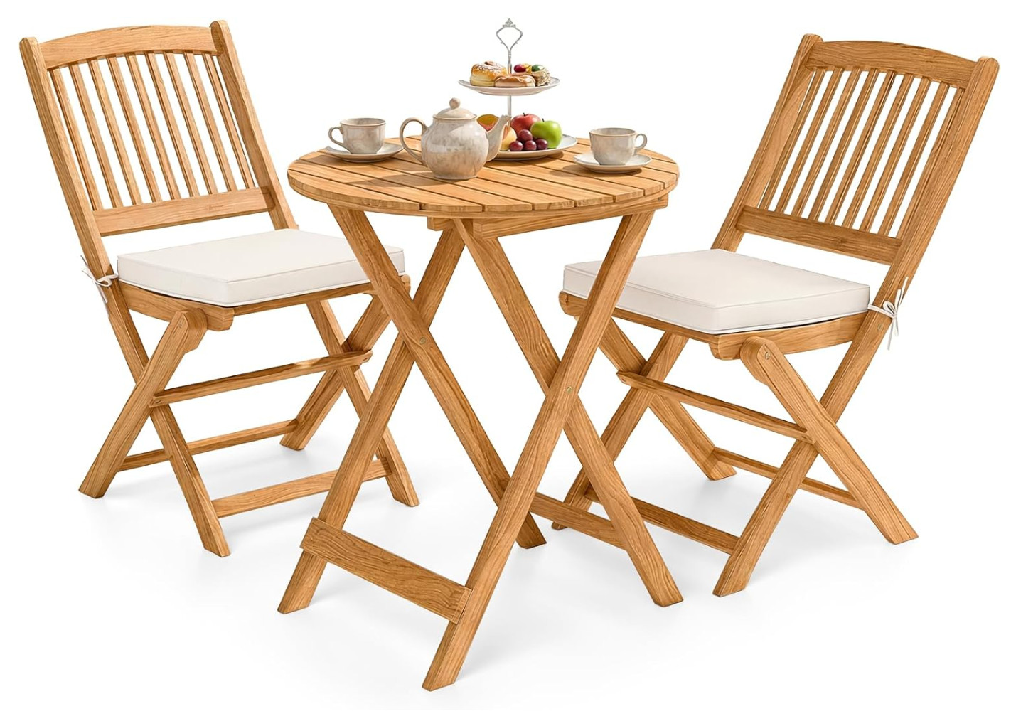 3Pcs Patio Bistro Set,Wood Folding Table Set, 2 Cushioned Chairs for Garden Yard