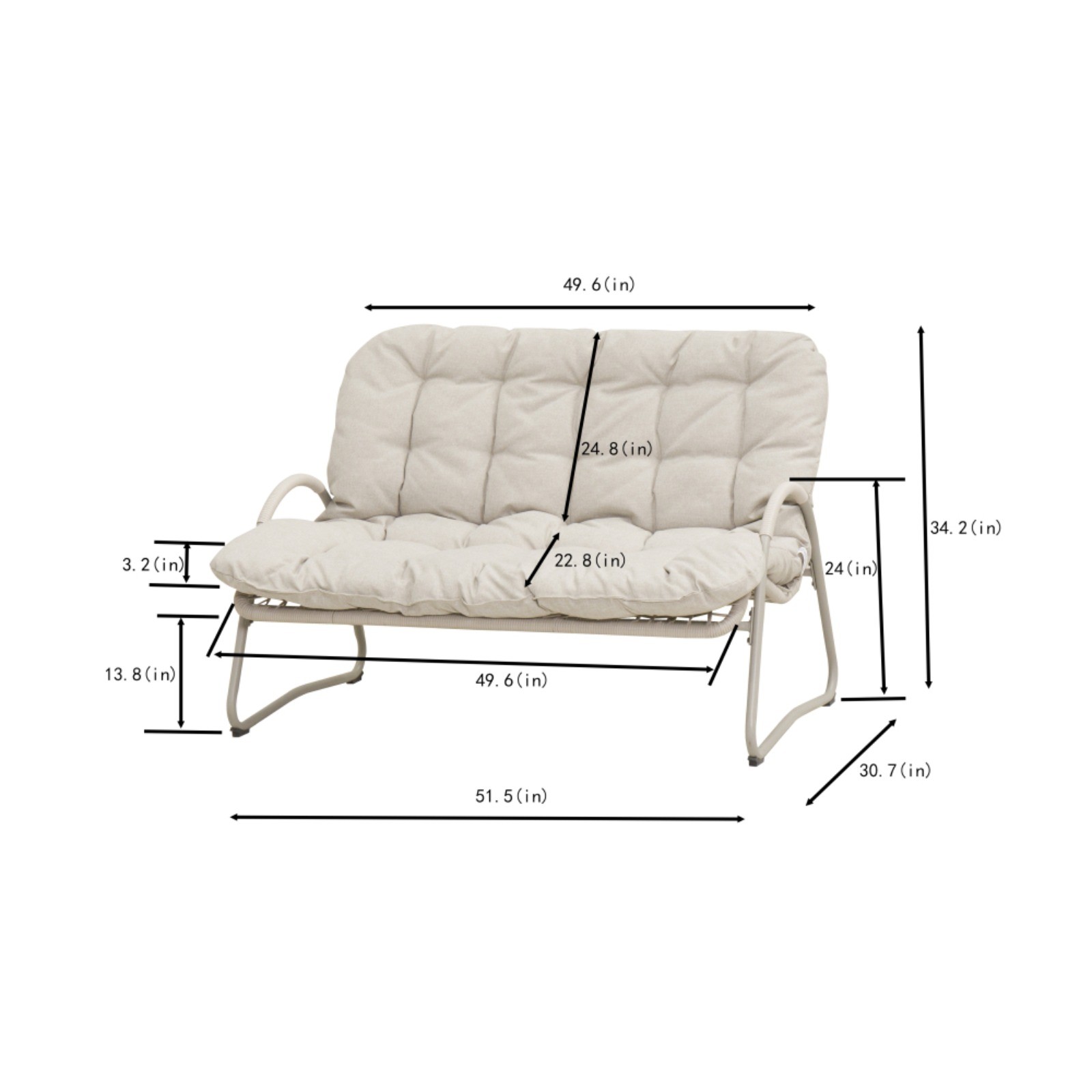 Modern Outdoor Loveseat Coffee Table Set 2 Piece Metal Frame Off White
