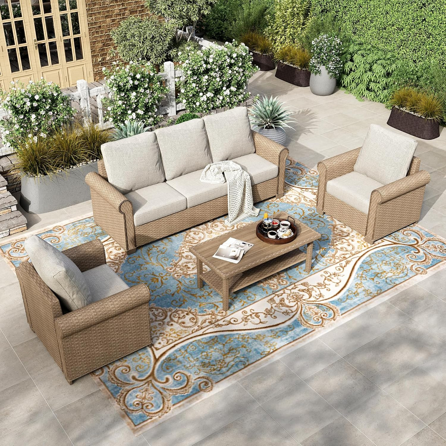 4-Piece Patio Furniture Set, All Weather 5 Seats Outdoor Wicker Sofa with 44″ Co