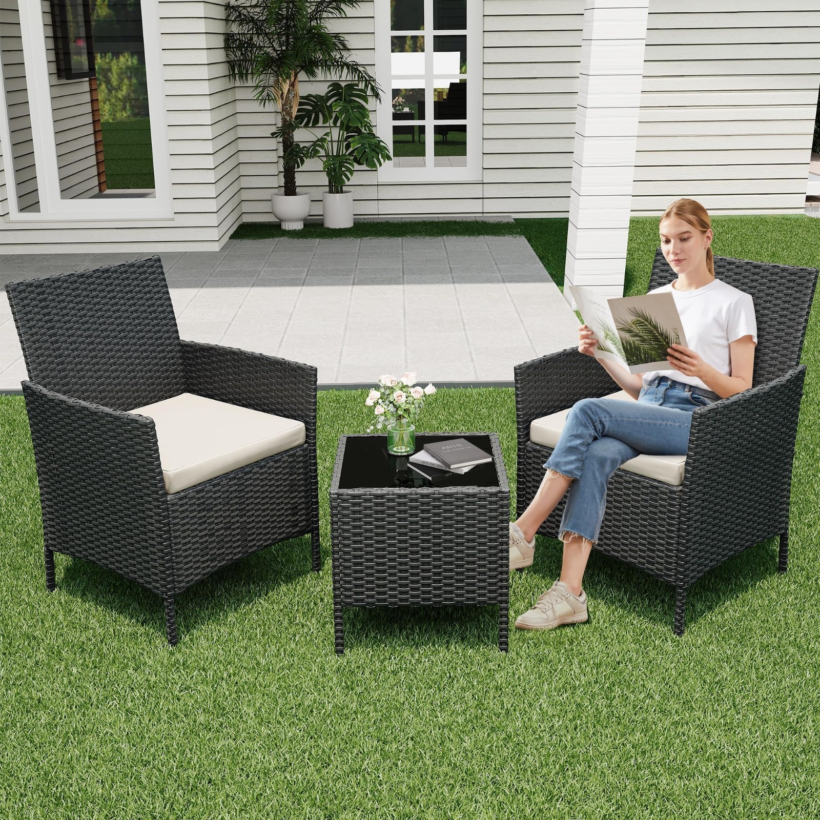3 PCS Patio Furniture Set Outdoor Sectional Sofa Rattan Wicker Sofa W/ Table
