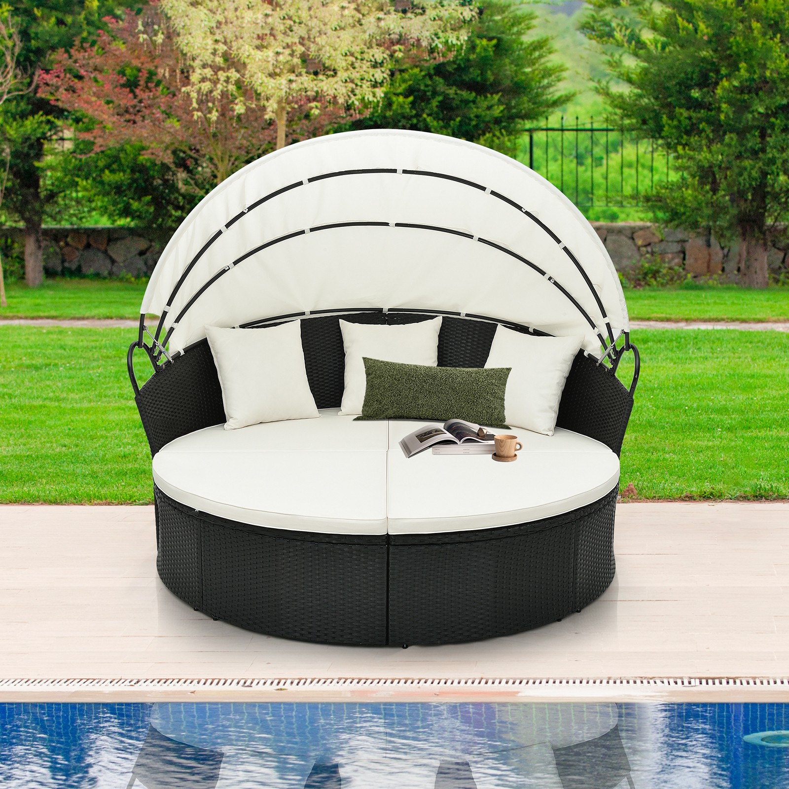 Patio Round Daybed Wicker Daybed with Retractable Canopy for Backyard Off White