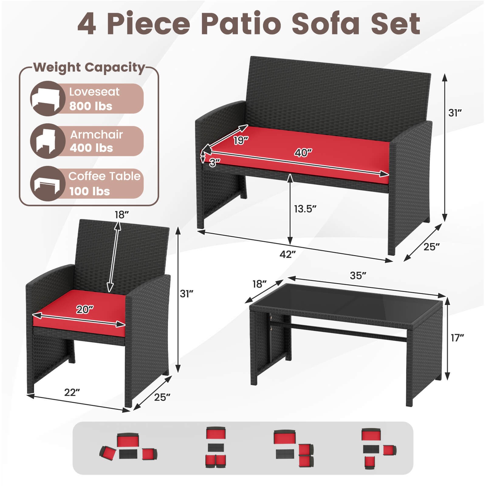 4 PCS Patio Conversation Set w/Seat Cushions & Tempered Glass Tabletop, Porch