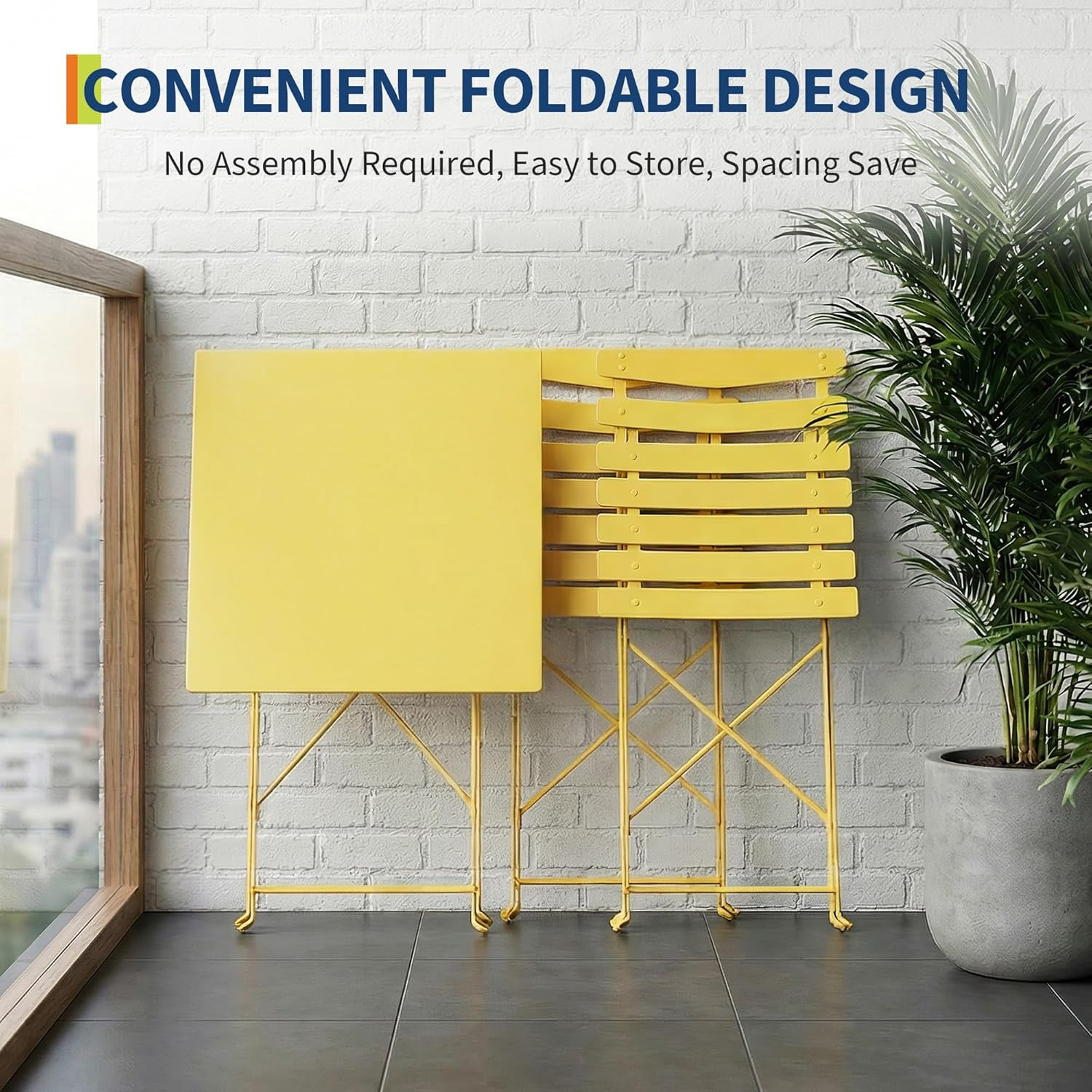 Compact 3-Piece Yellow Patio Bistro Set with Folding Chairs for Small Spaces