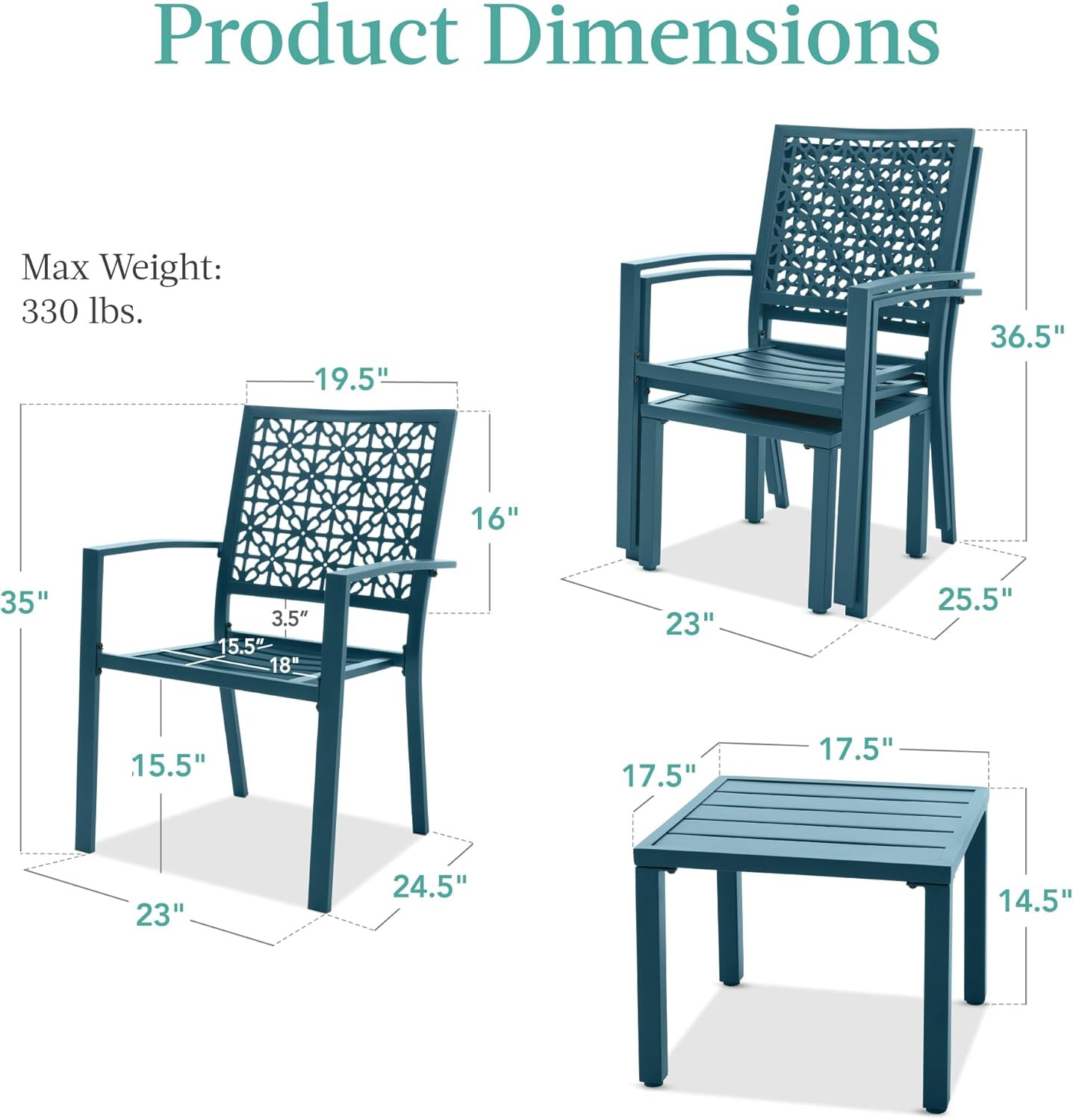 Peacock Blue 3-Piece Outdoor Bistro Set – Modern Stackable Steel Furniture