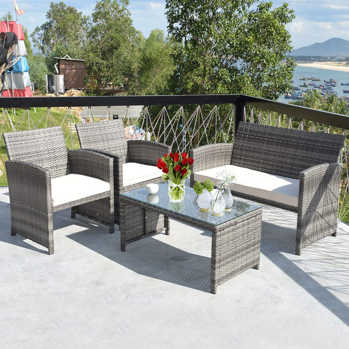 4 PCS Wicker Patio Conversation Set, Outdoor Rattan Sofas with Table Set, Pat…