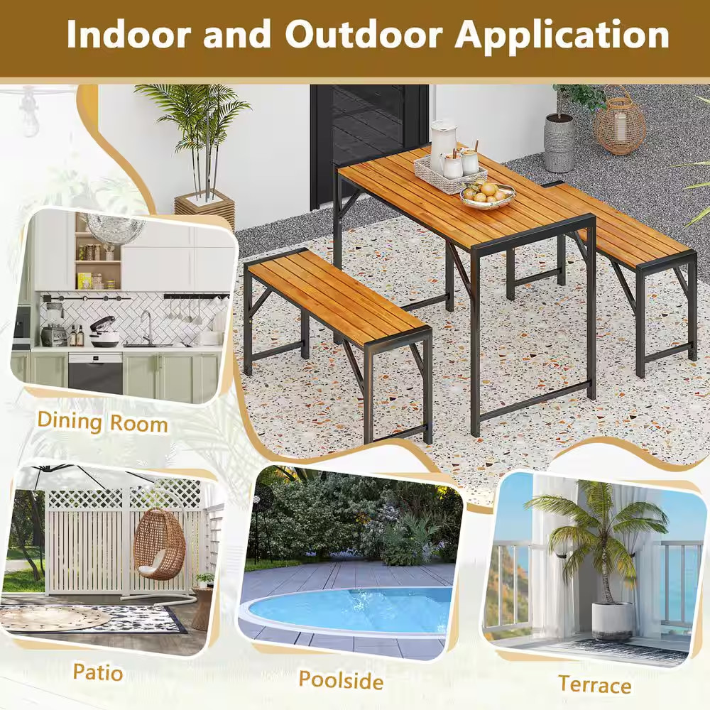 3 PCS Dining Set for 4 People Outdoor Picnic Table & 2 Benches W/ Metal Frame