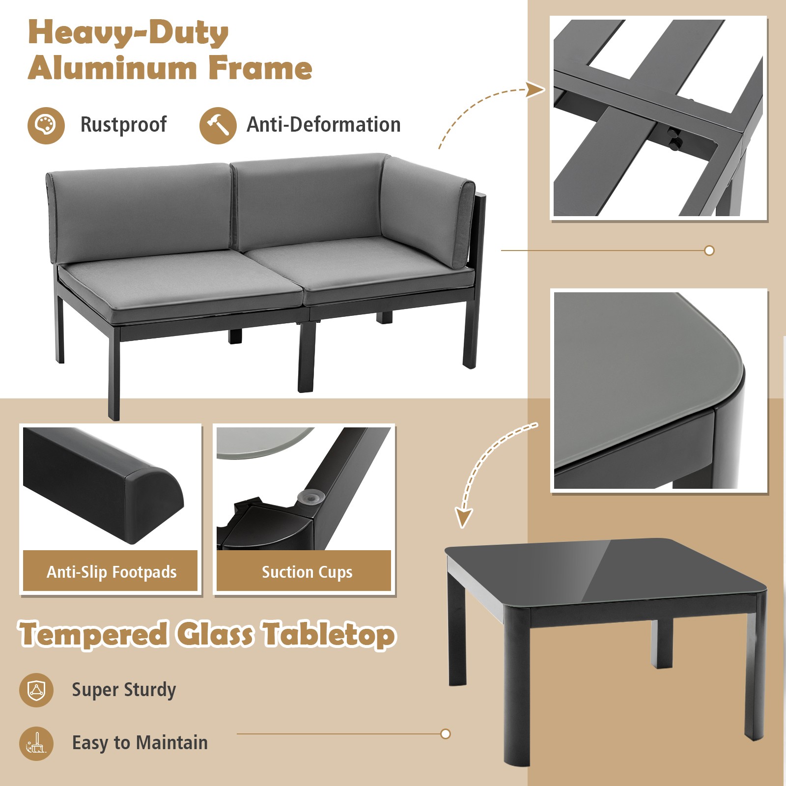 3 PCS Aluminum Patio Sofa Set Outdoor 3-Seat Sofa w/ 6-Level Reclining Backrest